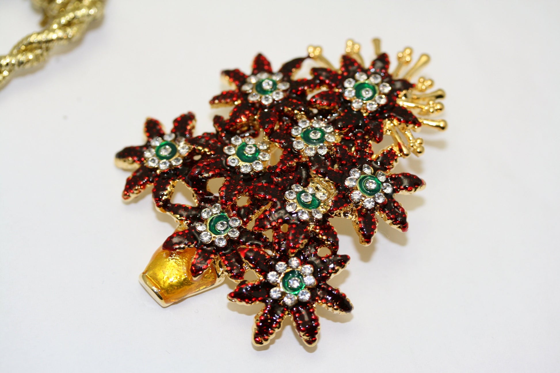 Vintage Rhinestone and Enamel '' POINSETTIA CHRISTMAS TREE '' Brooch Pin, Costume Jewelry, Holiday Christmas Jewelry