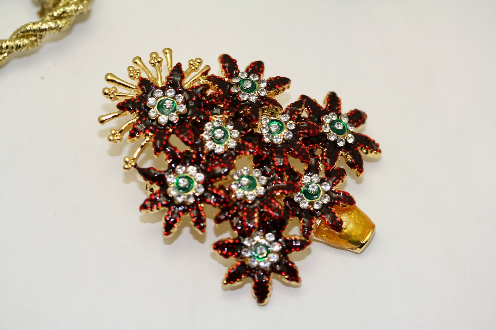 Vintage Rhinestone and Enamel '' POINSETTIA CHRISTMAS TREE '' Brooch Pin, Costume Jewelry, Holiday Christmas Jewelry