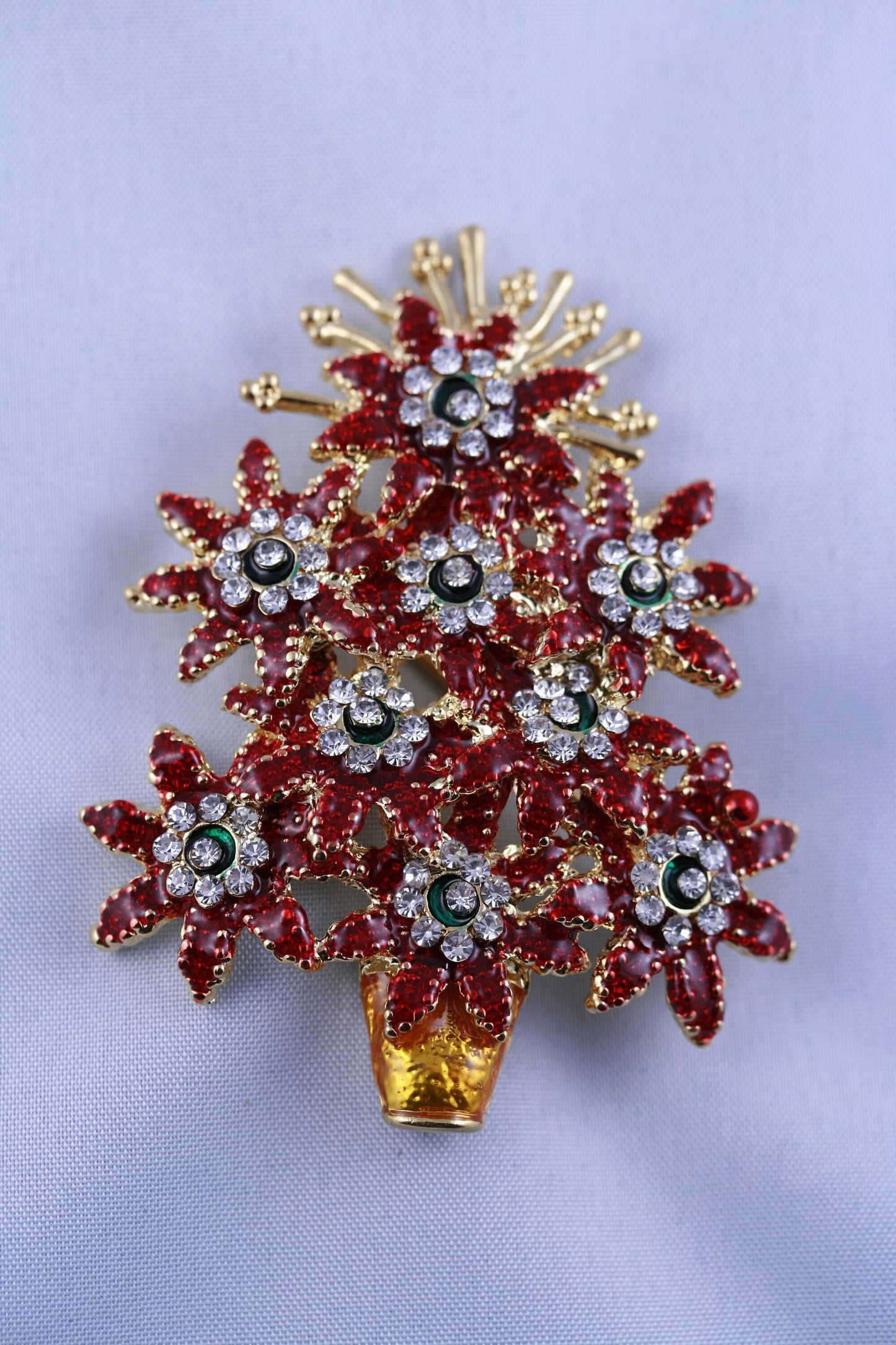 Vintage Rhinestone and Enamel '' POINSETTIA CHRISTMAS TREE '' Brooch Pin, Costume Jewelry, Holiday Christmas Jewelry