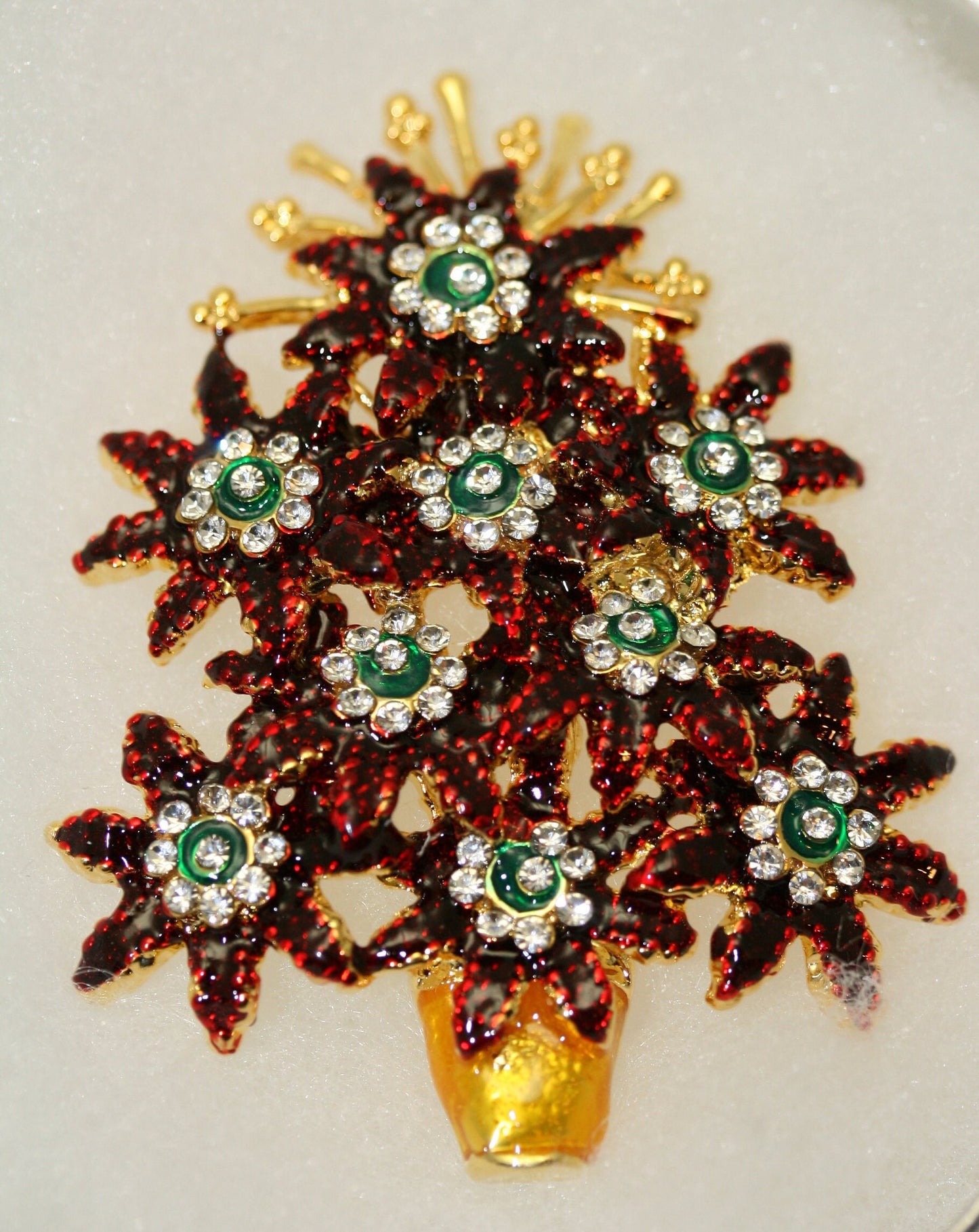 Vintage Rhinestone and Enamel '' POINSETTIA CHRISTMAS TREE '' Brooch Pin, Costume Jewelry, Holiday Christmas Jewelry