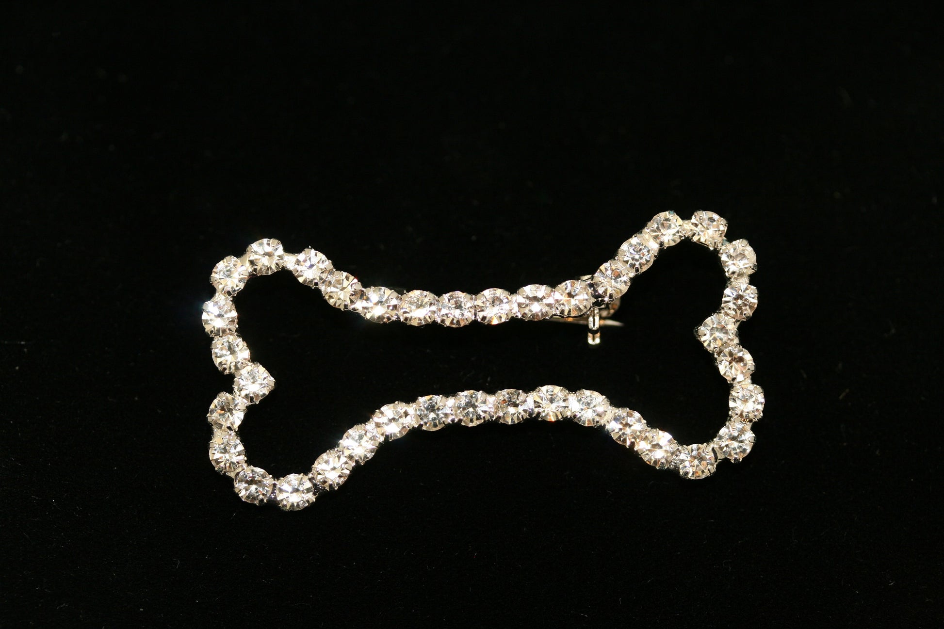 Crystal Clear Dog Bone Outline Rhinestone Pin with Silver Tones Brooch Pin, Gold Tone Dog Bone Costume Jewelry
