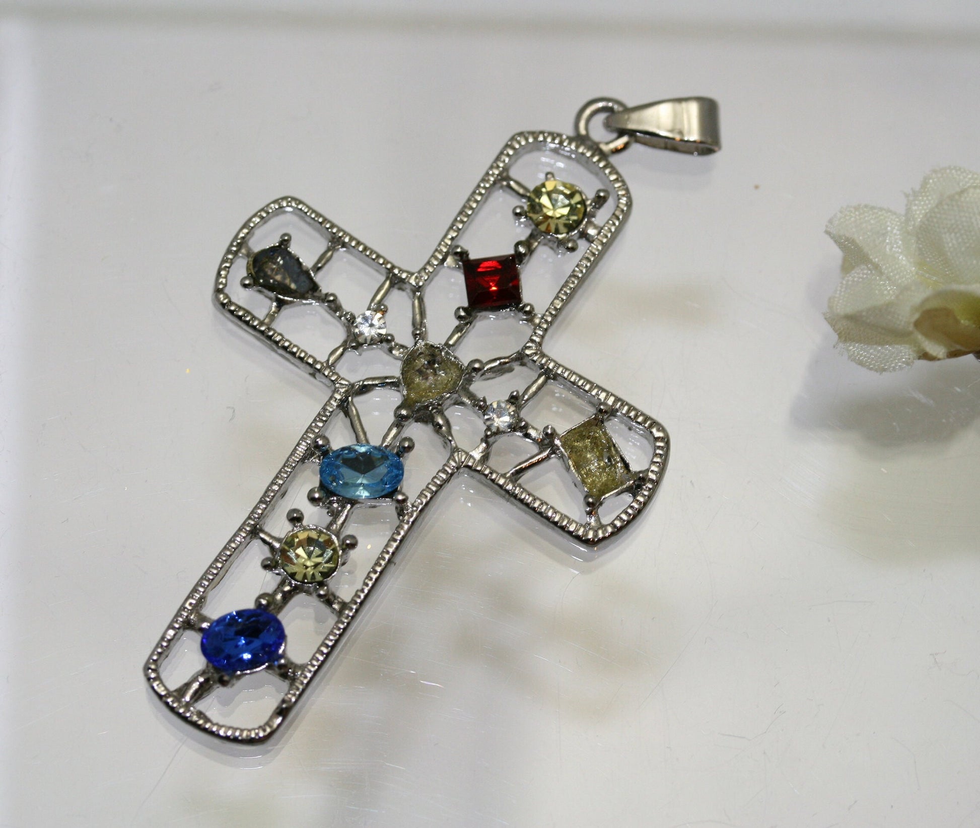 Silver Sparkling Multi Colors Rhinestone Cross Charm, Fashion Cross Pendant Charm