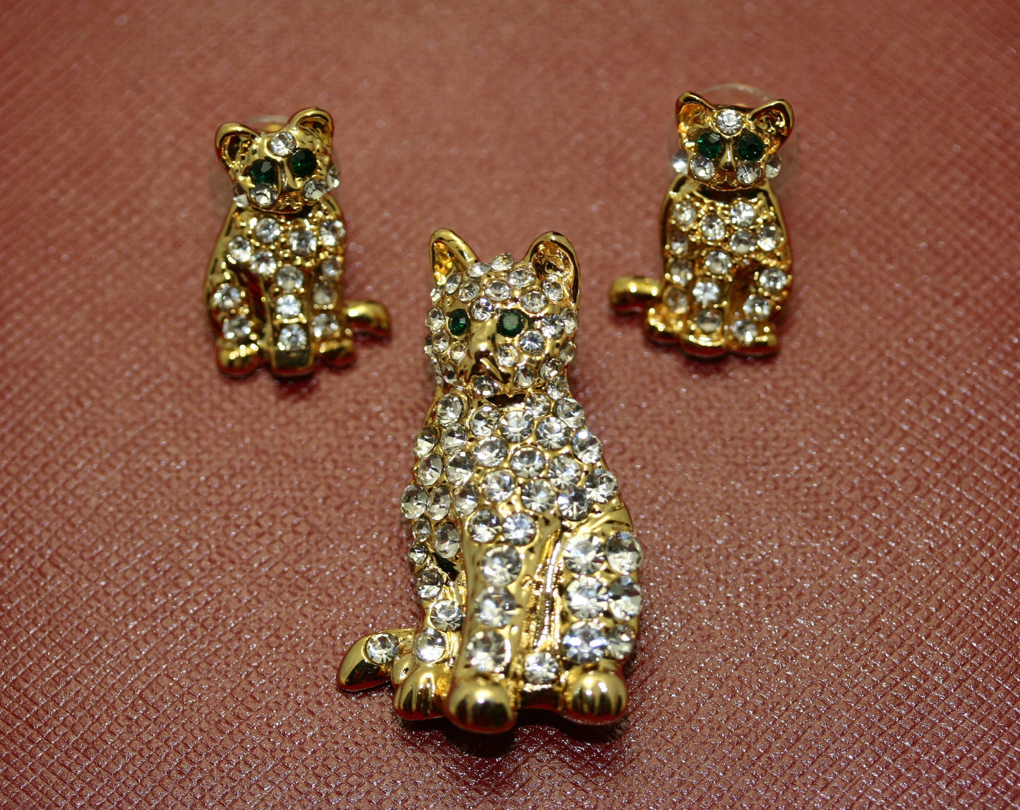 Rhinestones Gold-Tone Cat Brooch, Pin & Post Earring Set, Crystal Cat Pin Brooch, Cat Earrings.