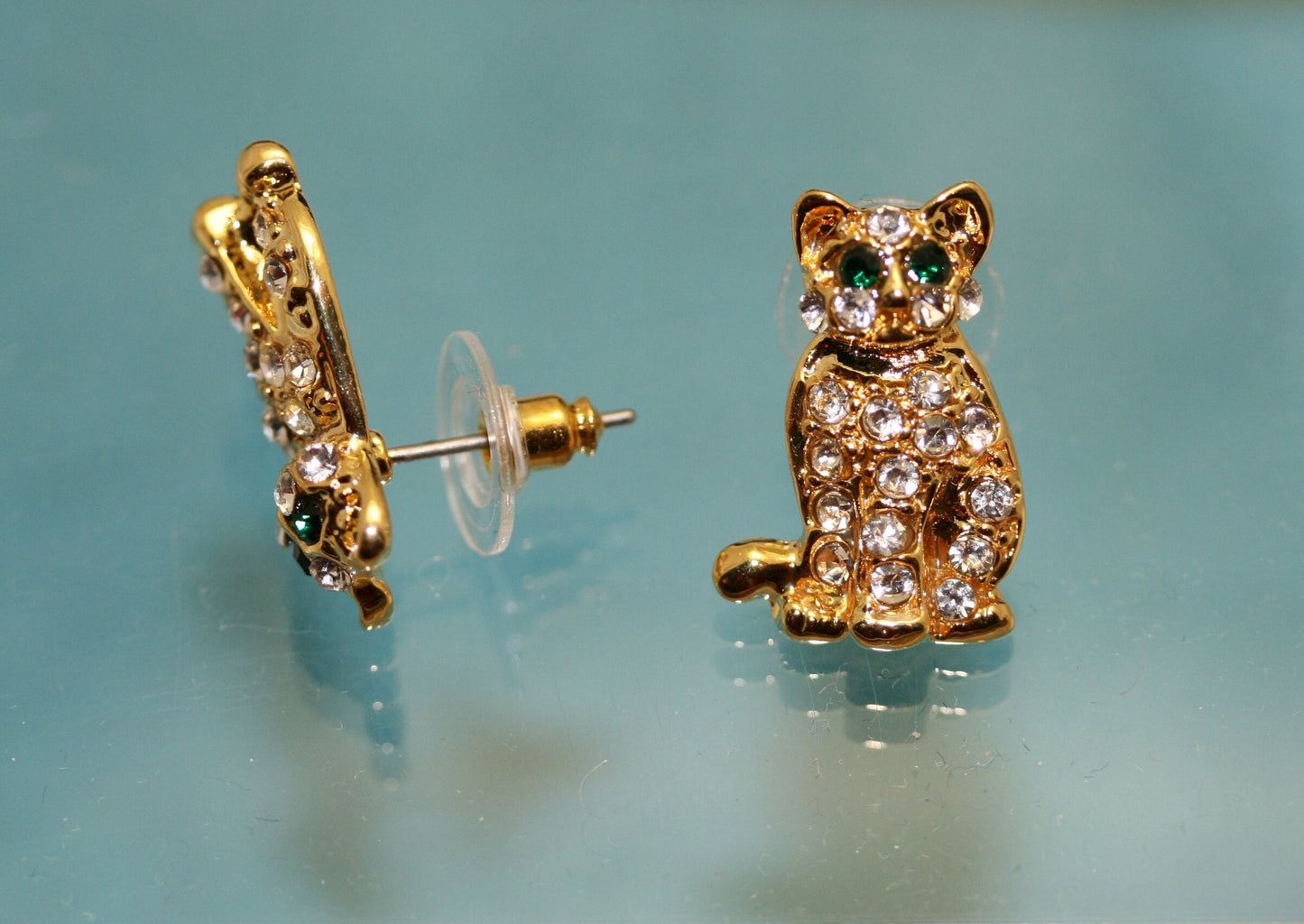 Rhinestones Gold-Tone Cat Brooch, Pin & Post Earring Set, Crystal Cat Pin Brooch, Cat Earrings.