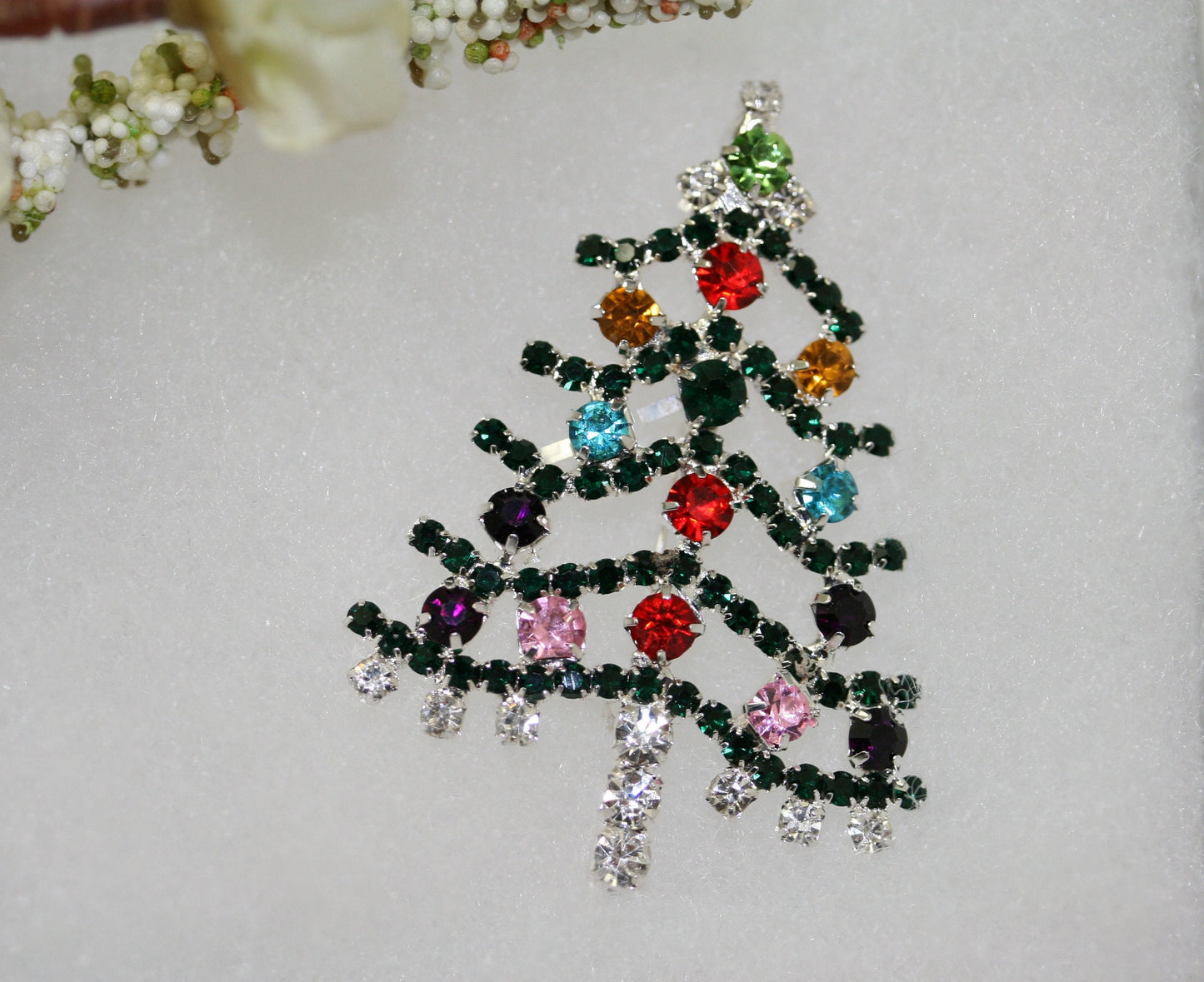 Multicolor Jewel Tone Rhinestone Christmas Tree Brooch, Pin, Holiday Jewelry Gift