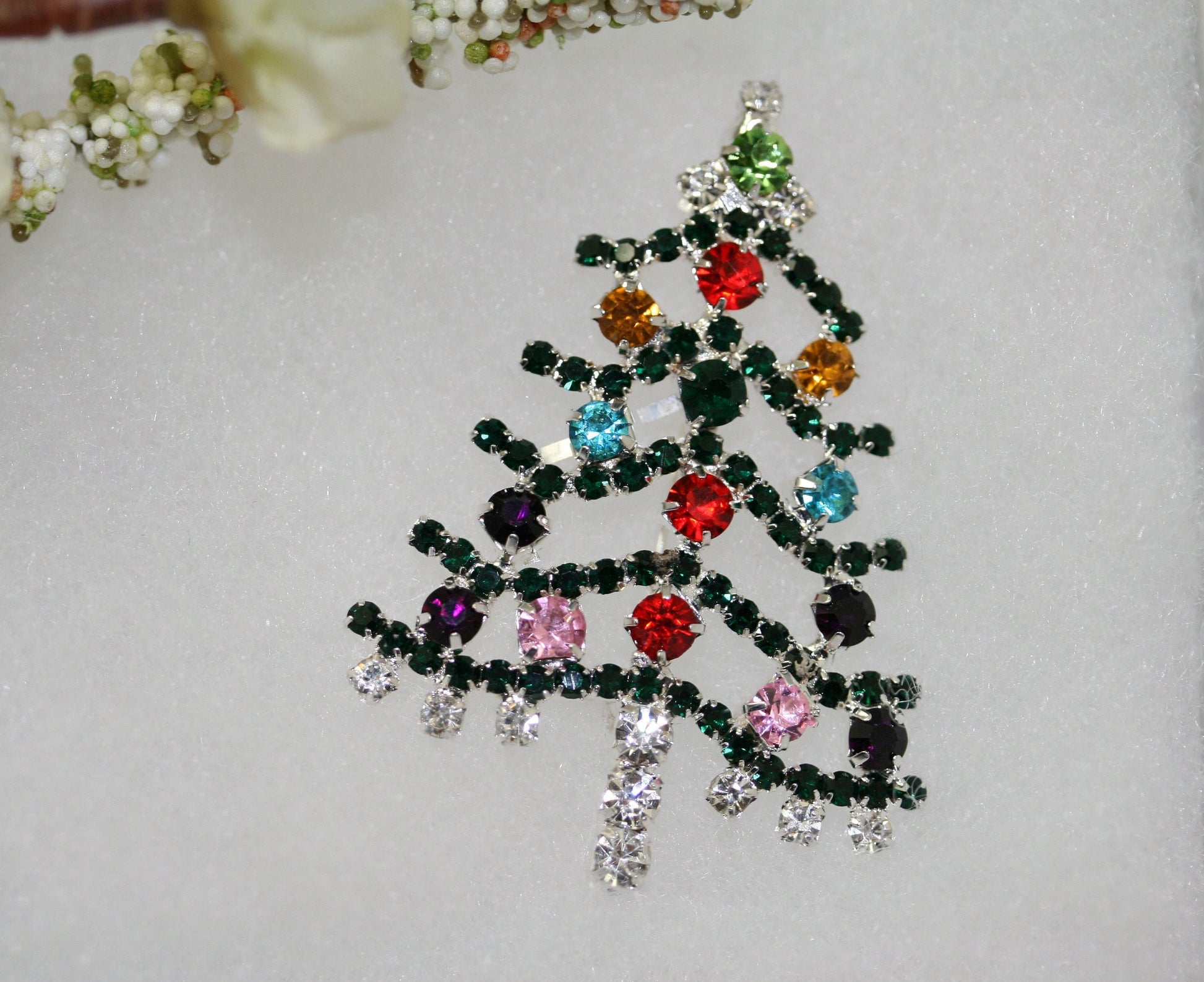 Multicolor Jewel Tone Rhinestone Christmas Tree Brooch, Pin, Holiday Jewelry Gift
