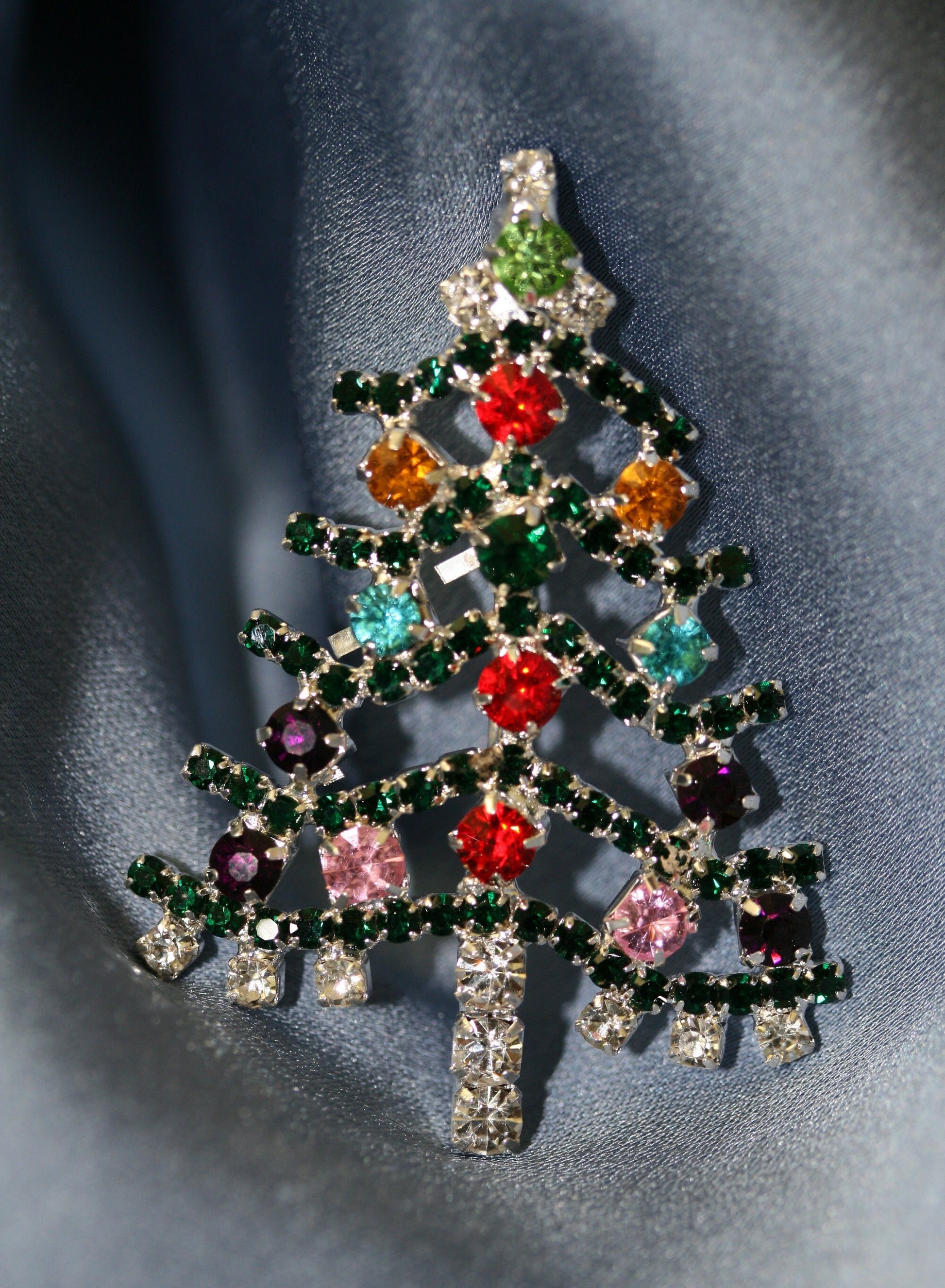 Multicolor Jewel Tone Rhinestone Christmas Tree Brooch, Pin, Holiday Jewelry Gift