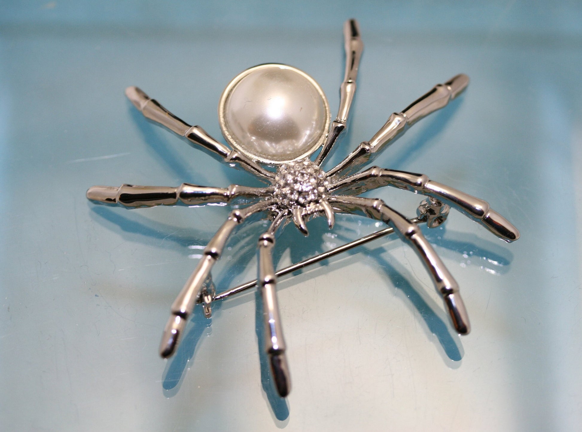 White Faux Pearl & Rhinestone Spider Arachnid Brooch Pin, Halloween Jewelry, Spider Pin