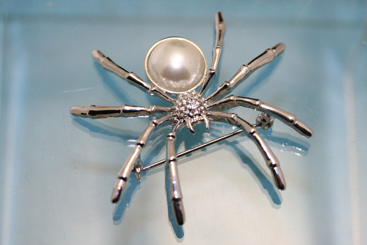 White Faux Pearl & Rhinestone Spider Arachnid Brooch Pin, Halloween Jewelry, Spider Pin
