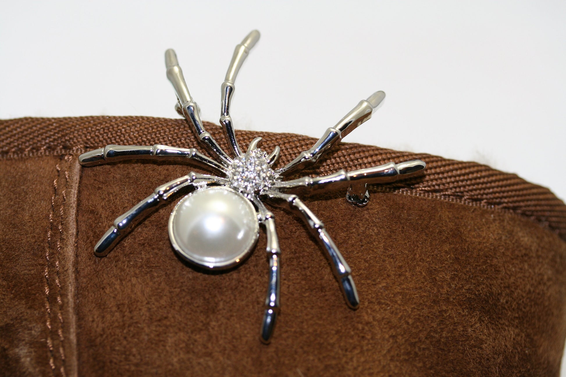 White Faux Pearl & Rhinestone Spider Arachnid Brooch Pin, Halloween Jewelry, Spider Pin