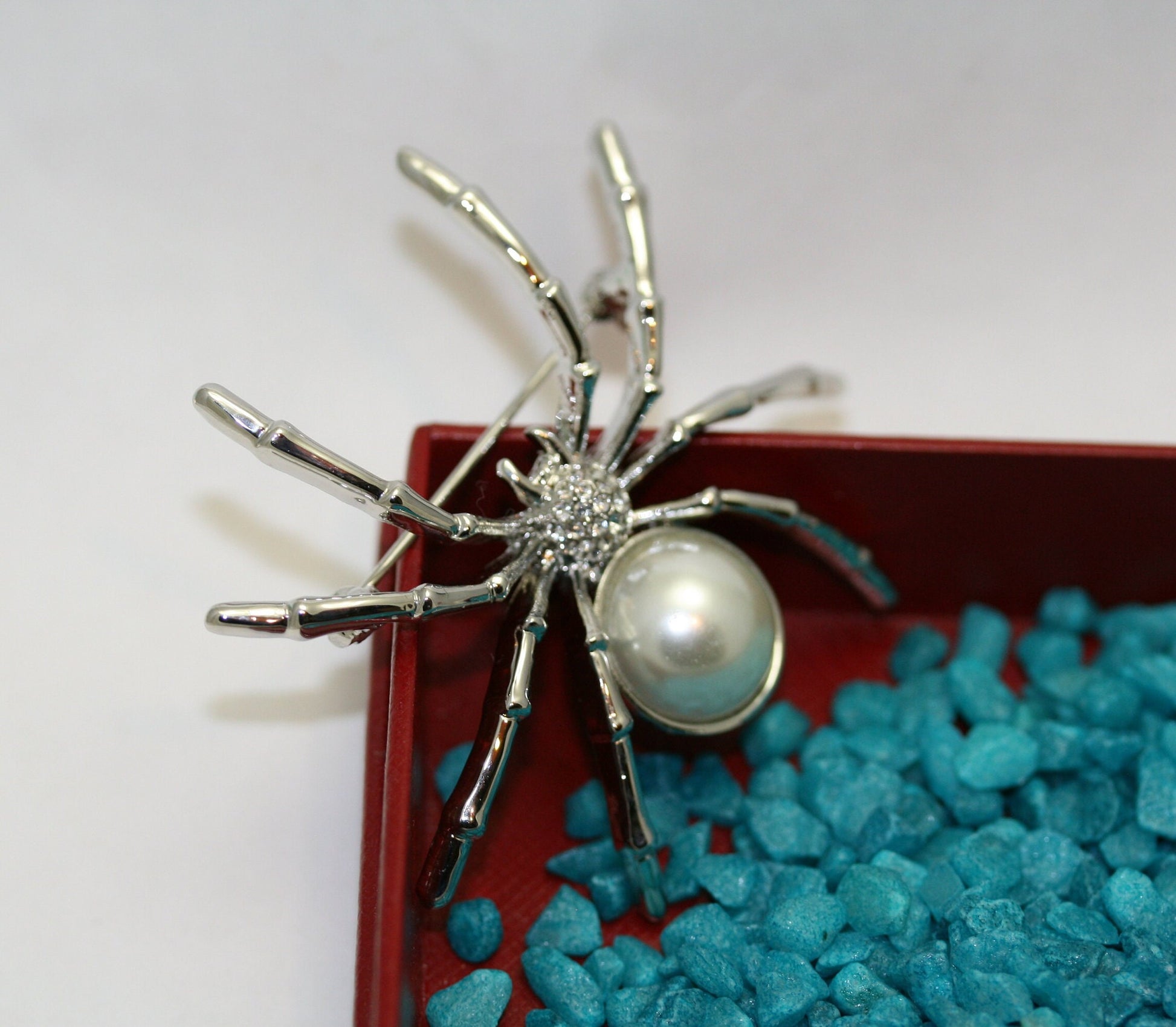 White Faux Pearl & Rhinestone Spider Arachnid Brooch Pin, Halloween Jewelry, Spider Pin