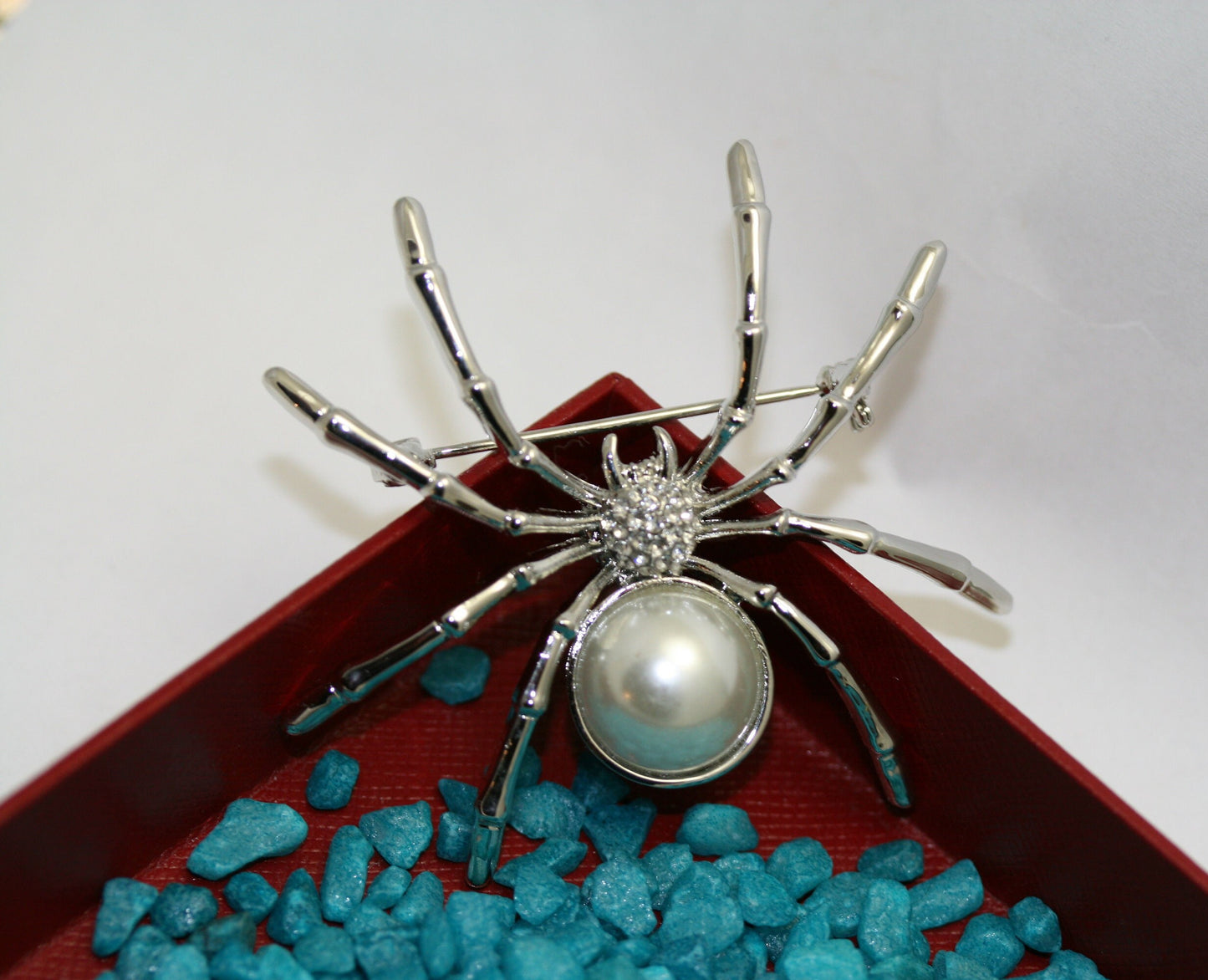 White Faux Pearl & Rhinestone Spider Arachnid Brooch Pin, Halloween Jewelry, Spider Pin