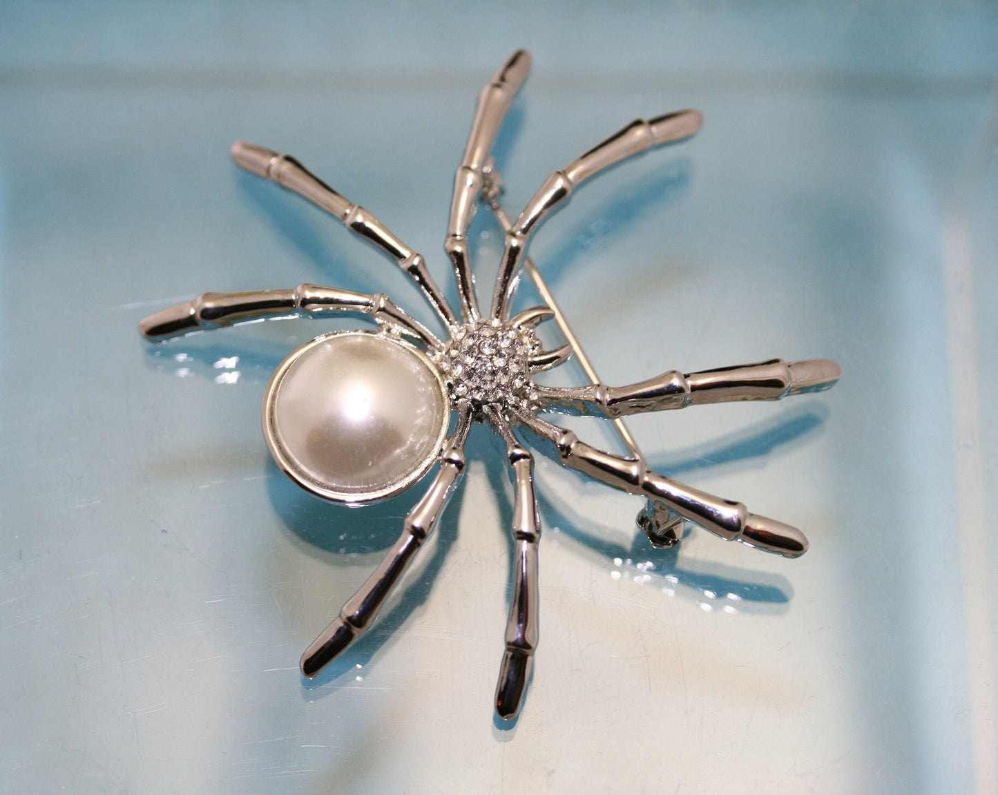White Faux Pearl & Rhinestone Spider Arachnid Brooch Pin, Halloween Jewelry, Spider Pin