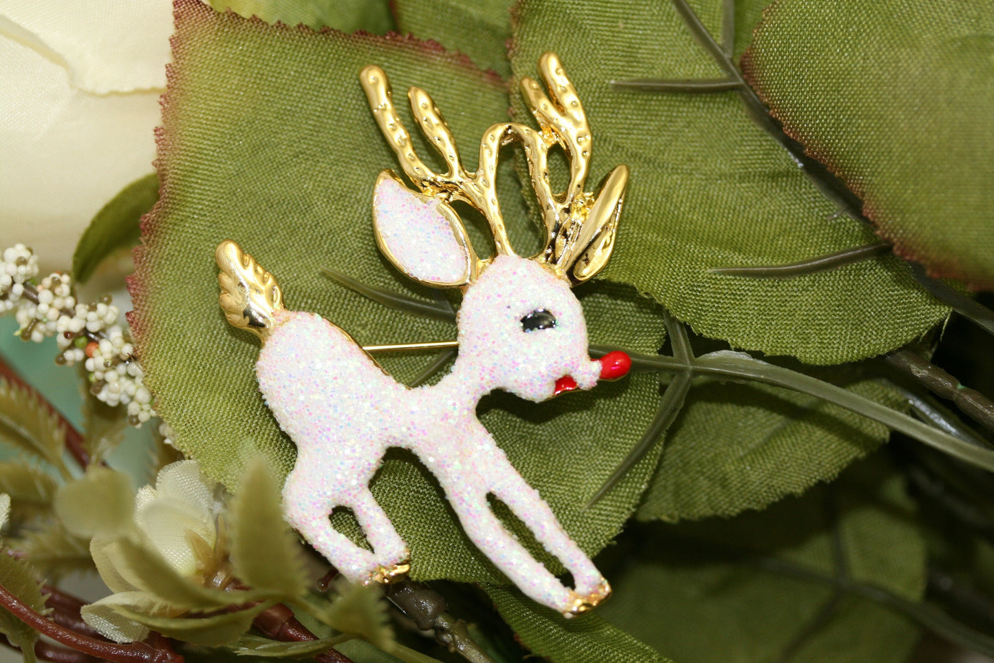 Beautiful Rudolph Reindeer Sparkling White Christmas Reindeer Pin Brooch, Christmas Jewelry