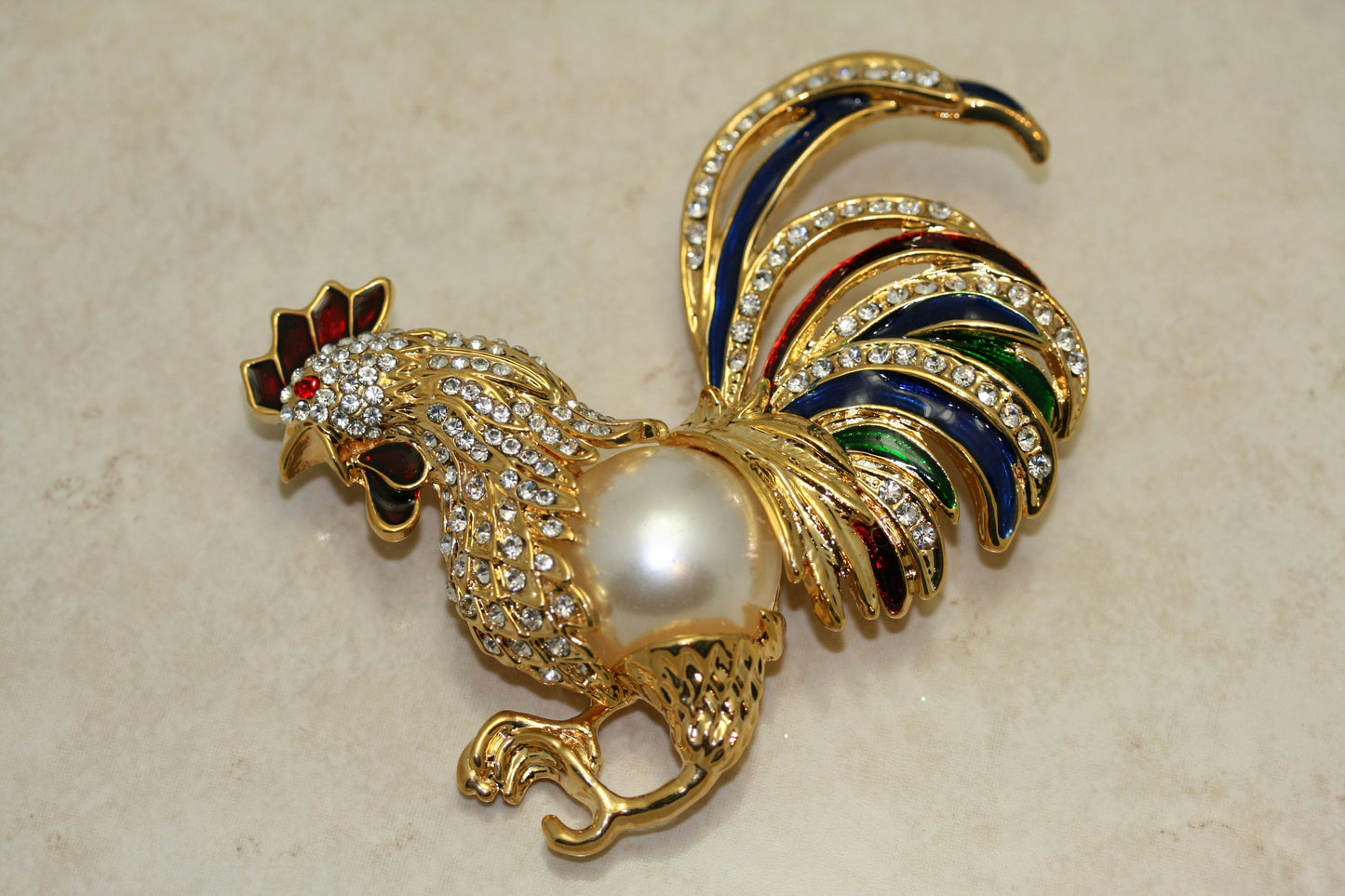 Large Vintage Fancy Rooster with Pave Rhinestones, Faux Mabe Pearl Belly and Enamel Plumage Pin/Brooch