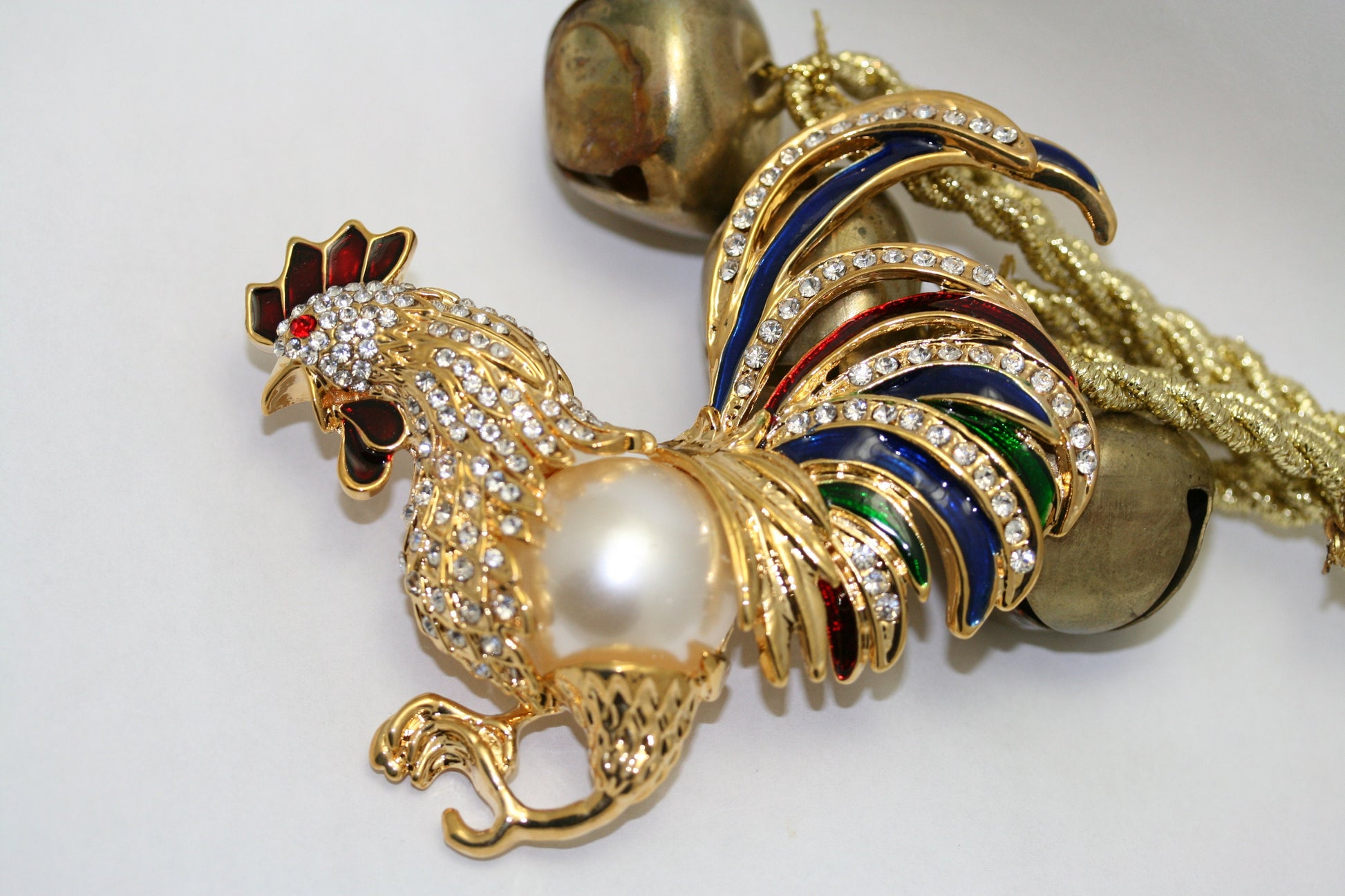 Large Vintage Fancy Rooster with Pave Rhinestones, Faux Mabe Pearl Belly and Enamel Plumage Pin/Brooch