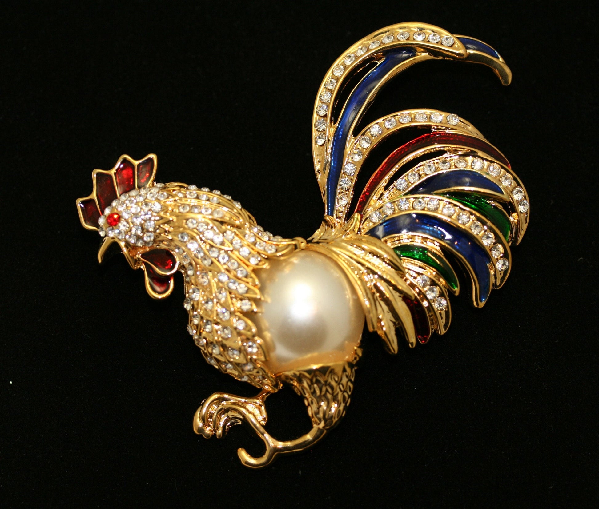 Large Vintage Fancy Rooster with Pave Rhinestones, Faux Mabe Pearl Belly and Enamel Plumage Pin/Brooch