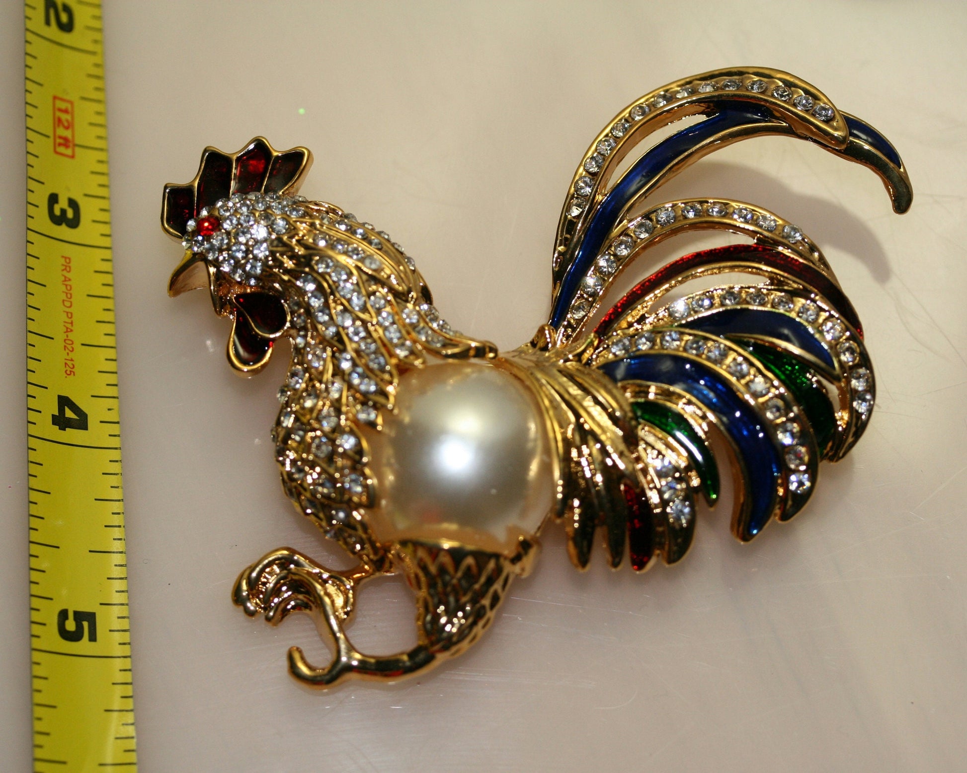 Large Vintage Fancy Rooster with Pave Rhinestones, Faux Mabe Pearl Belly and Enamel Plumage Pin/Brooch
