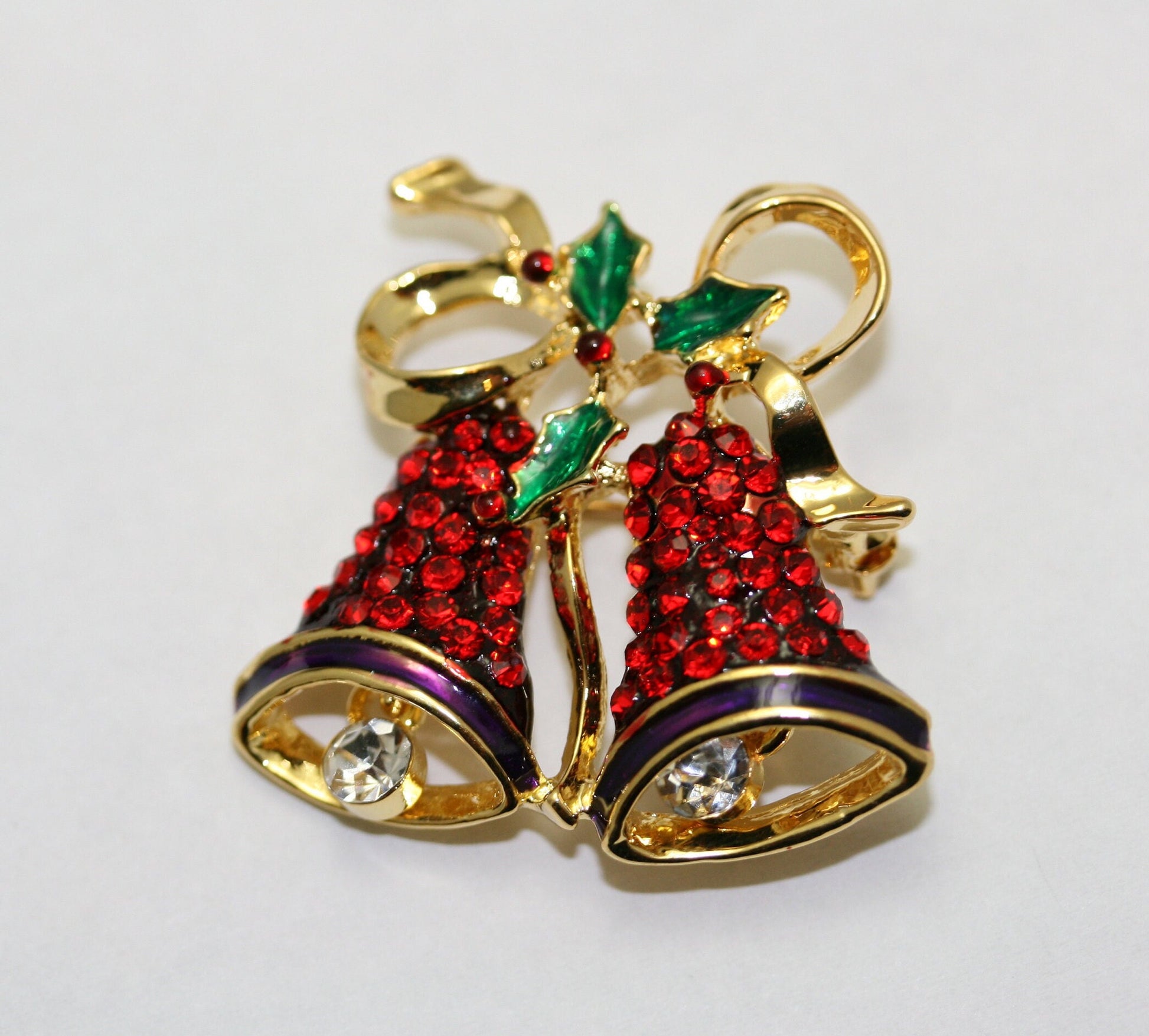 Vintage Rhinestone Double Bell Bowknot Brooch Pin for Xmas Gift, Christmas Jewelry, Holiday Holly Christmas Bells