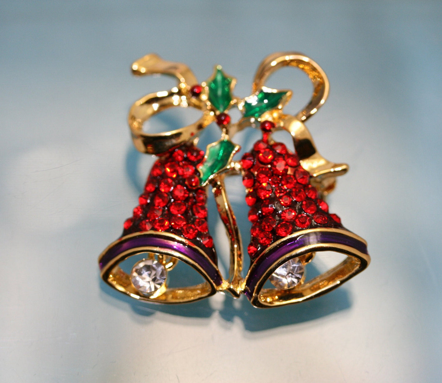 Vintage Rhinestone Double Bell Bowknot Brooch Pin for Xmas Gift, Christmas Jewelry, Holiday Holly Christmas Bells