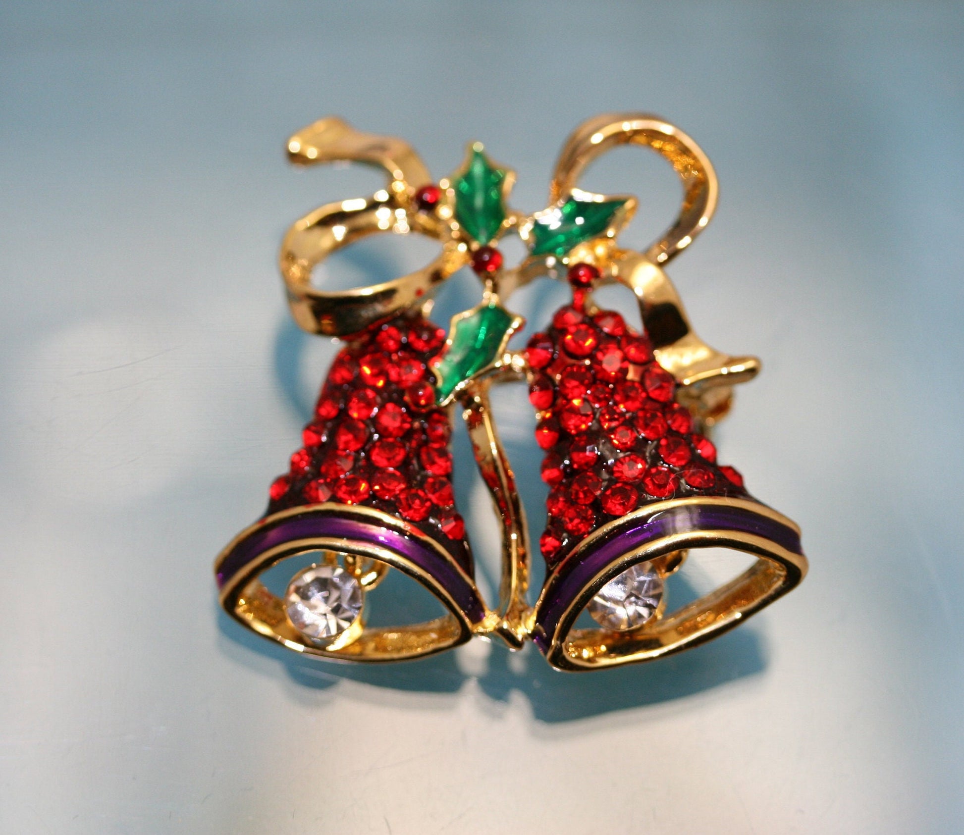 Vintage Rhinestone Double Bell Bowknot Brooch Pin for Xmas Gift, Christmas Jewelry, Holiday Holly Christmas Bells