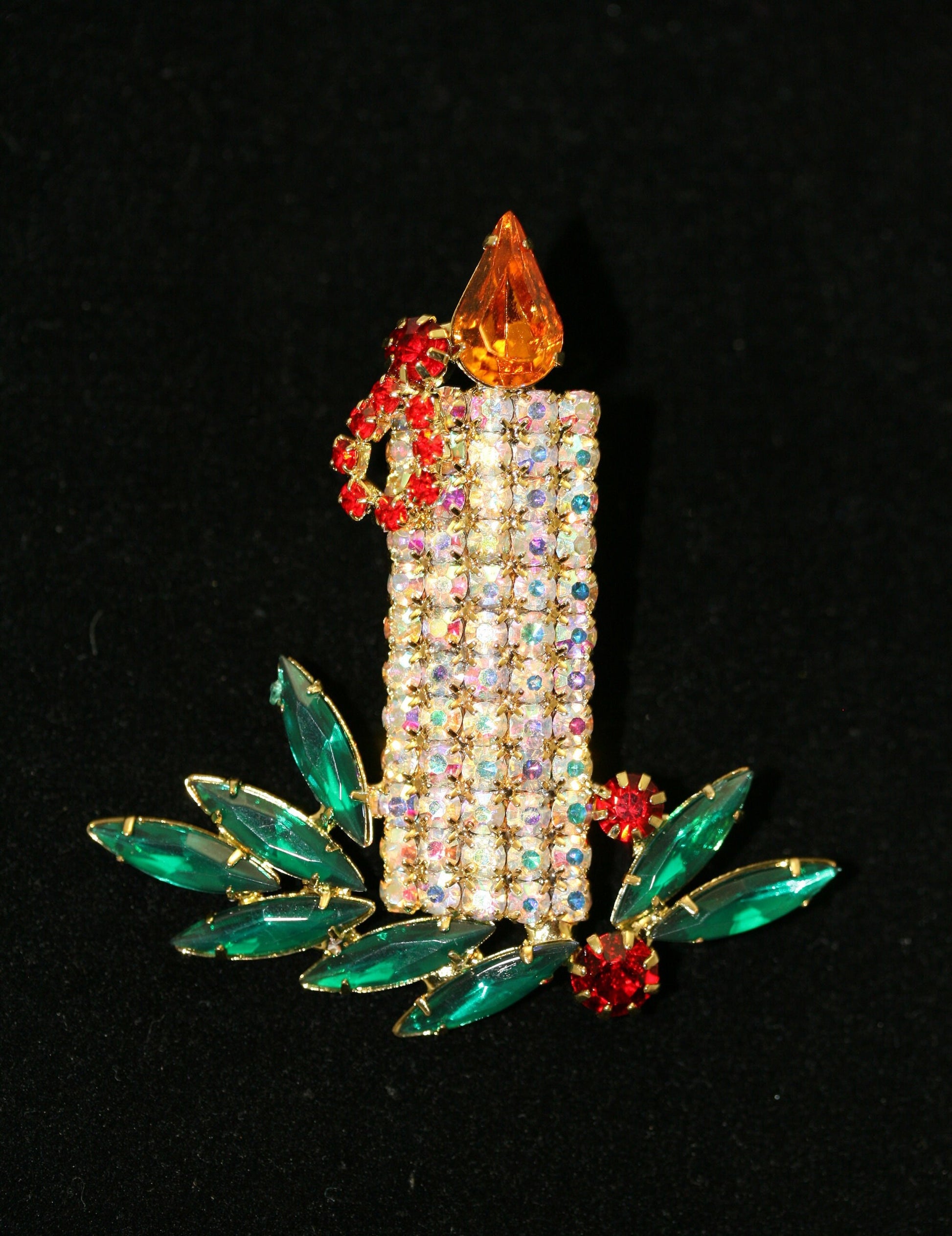 Vintage Large Rhinestone Filled Christmas Candle Brooch, Pin, Holiday Christmas Jewelry
