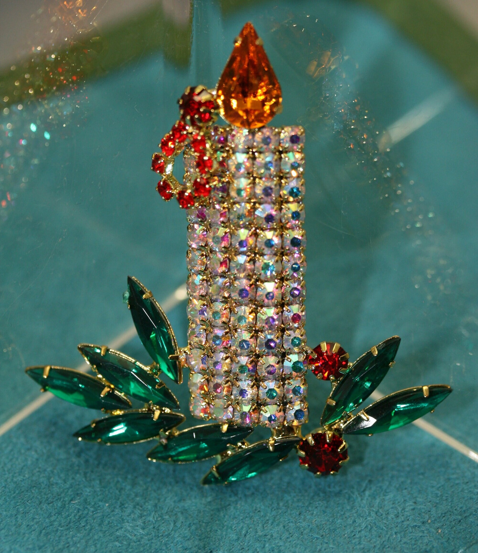 Vintage Large Rhinestone Filled Christmas Candle Brooch, Pin, Holiday Christmas Jewelry