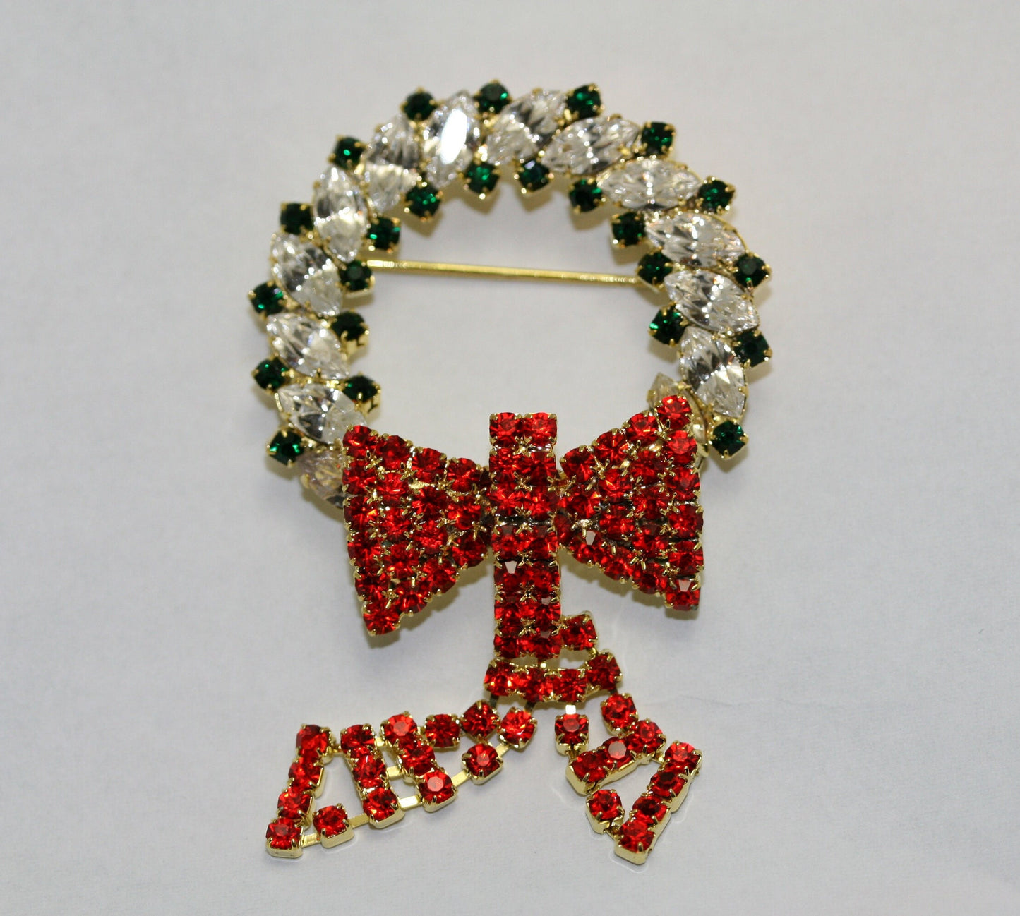 Vintage Christmas Wreath Rhinestone Pin Brooch, Christmas Holiday Jewelry