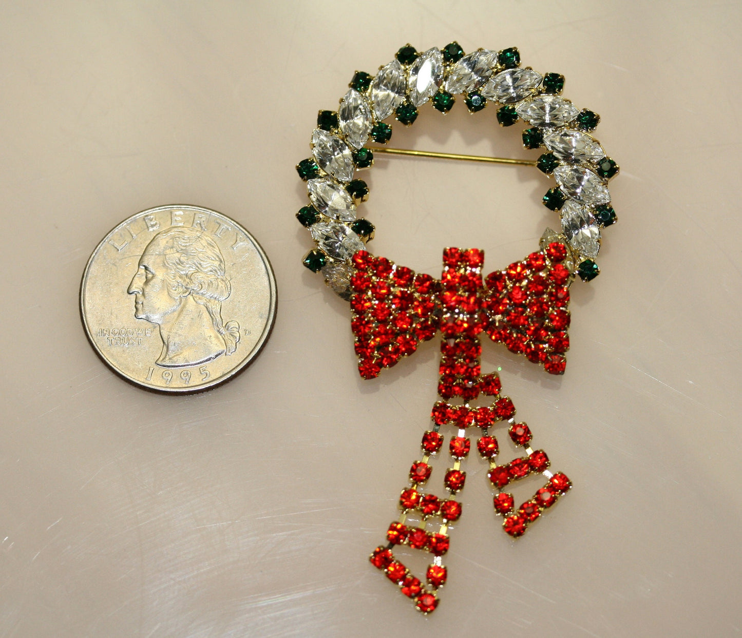 Vintage Christmas Wreath Rhinestone Pin Brooch, Christmas Holiday Jewelry