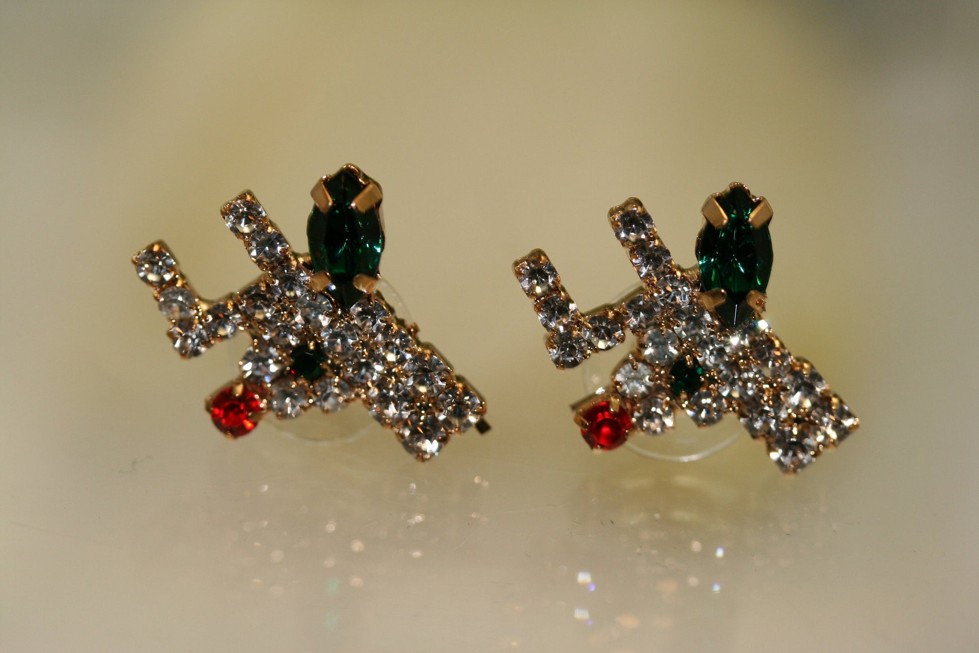 Vintage Rhinestone Reindeer Post Earring, Christmas Rudolph Earring, Holiday Reindeer Jewelry