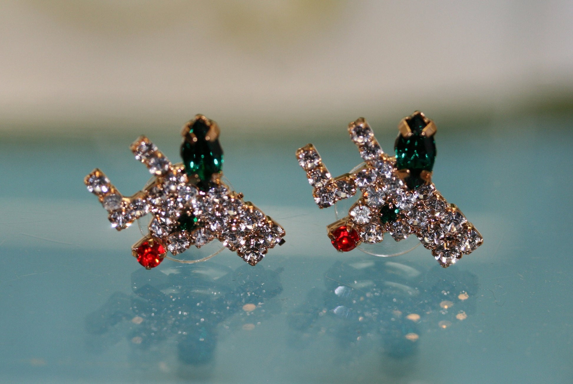 Vintage Rhinestone Reindeer Post Earring, Christmas Rudolph Earring, Holiday Reindeer Jewelry