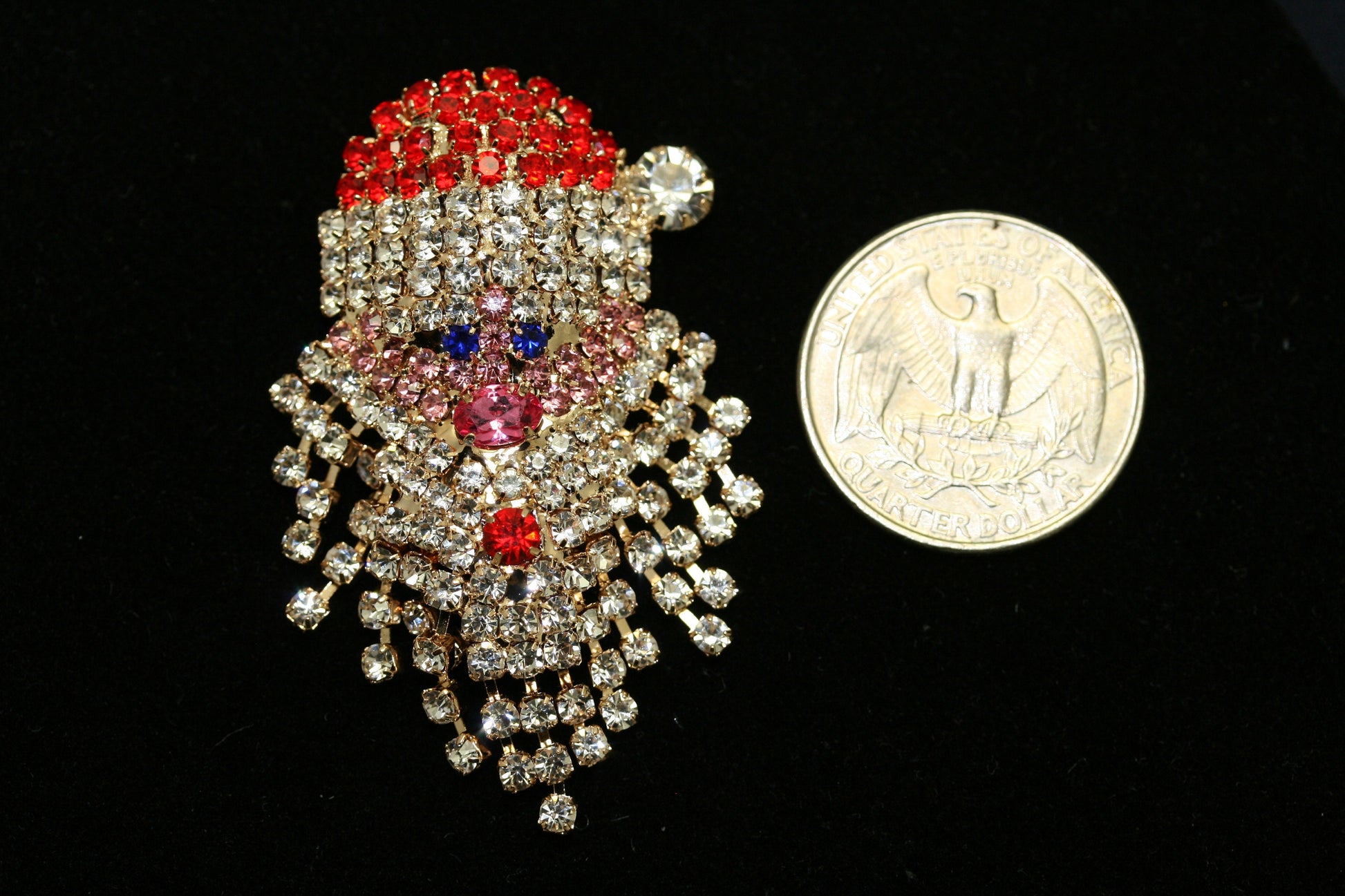 Vintage Sparkly Rhinestone Santa Claus Face Brooch Pin and Earrings Set, Xmas Holiday Jewelry Gift