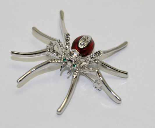 Silver Plated Clear Rhinestone and Red Enamel Spider Brooch Halloween Spider Pin, Holiday Costume Jewelry