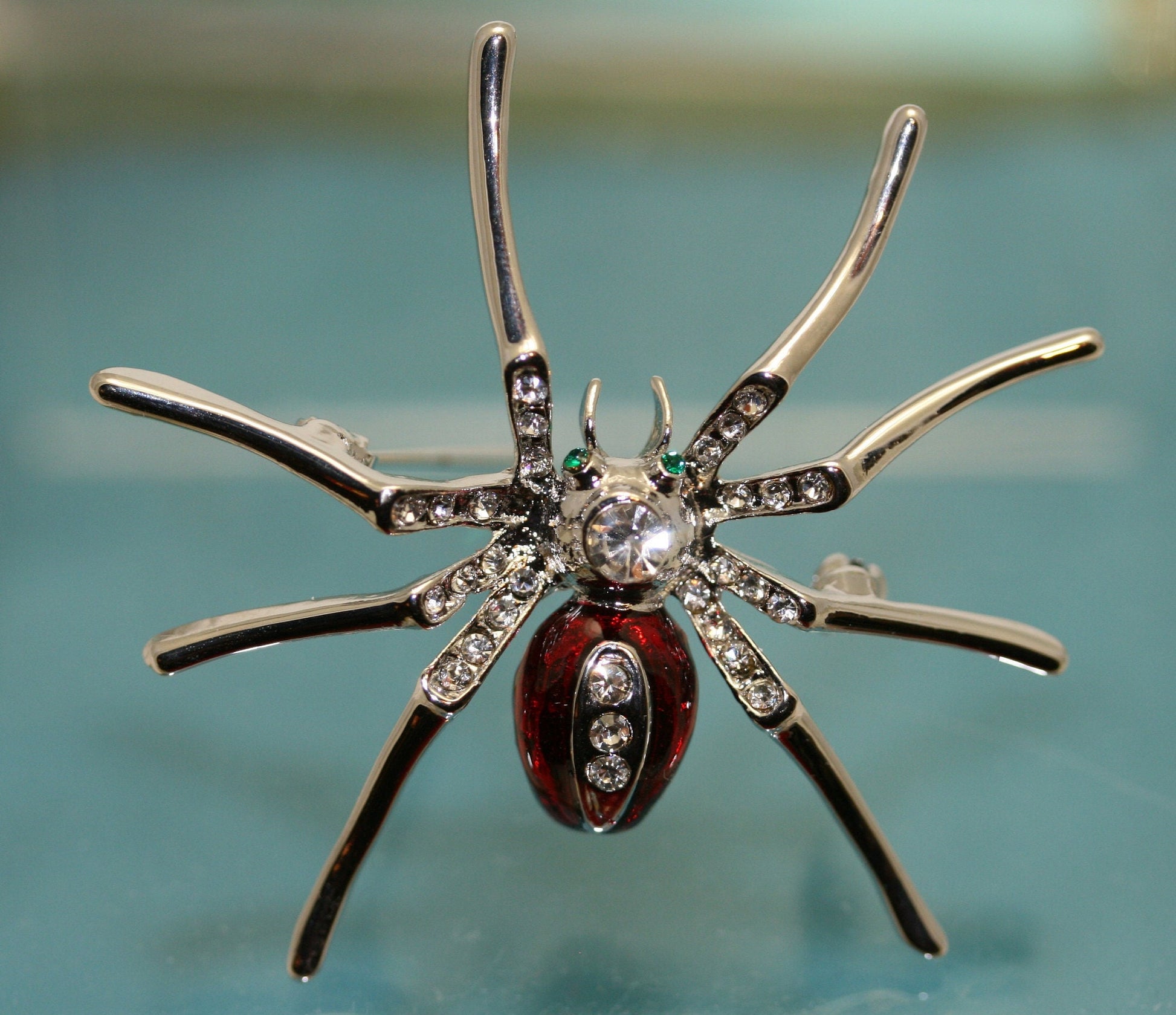 Silver Plated Clear Rhinestone and Red Enamel Spider Brooch Halloween Spider Pin, Holiday Costume Jewelry