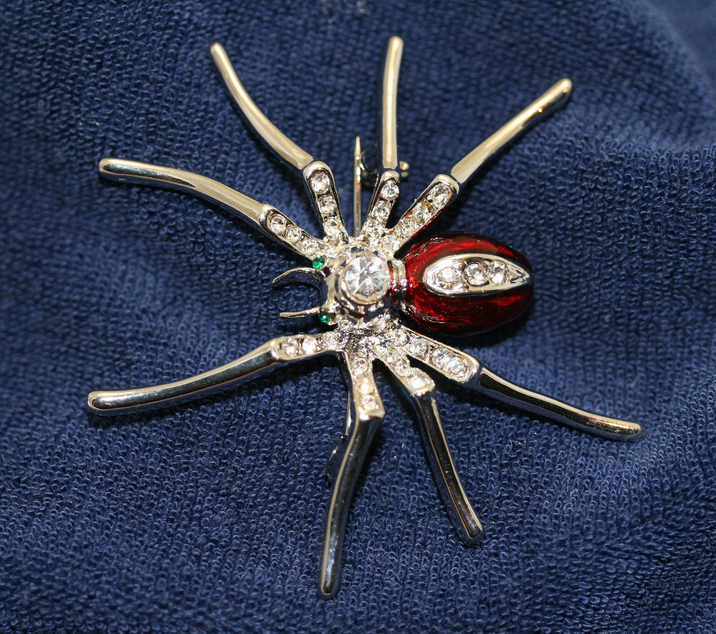 Silver Plated Clear Rhinestone and Red Enamel Spider Brooch Halloween Spider Pin, Holiday Costume Jewelry