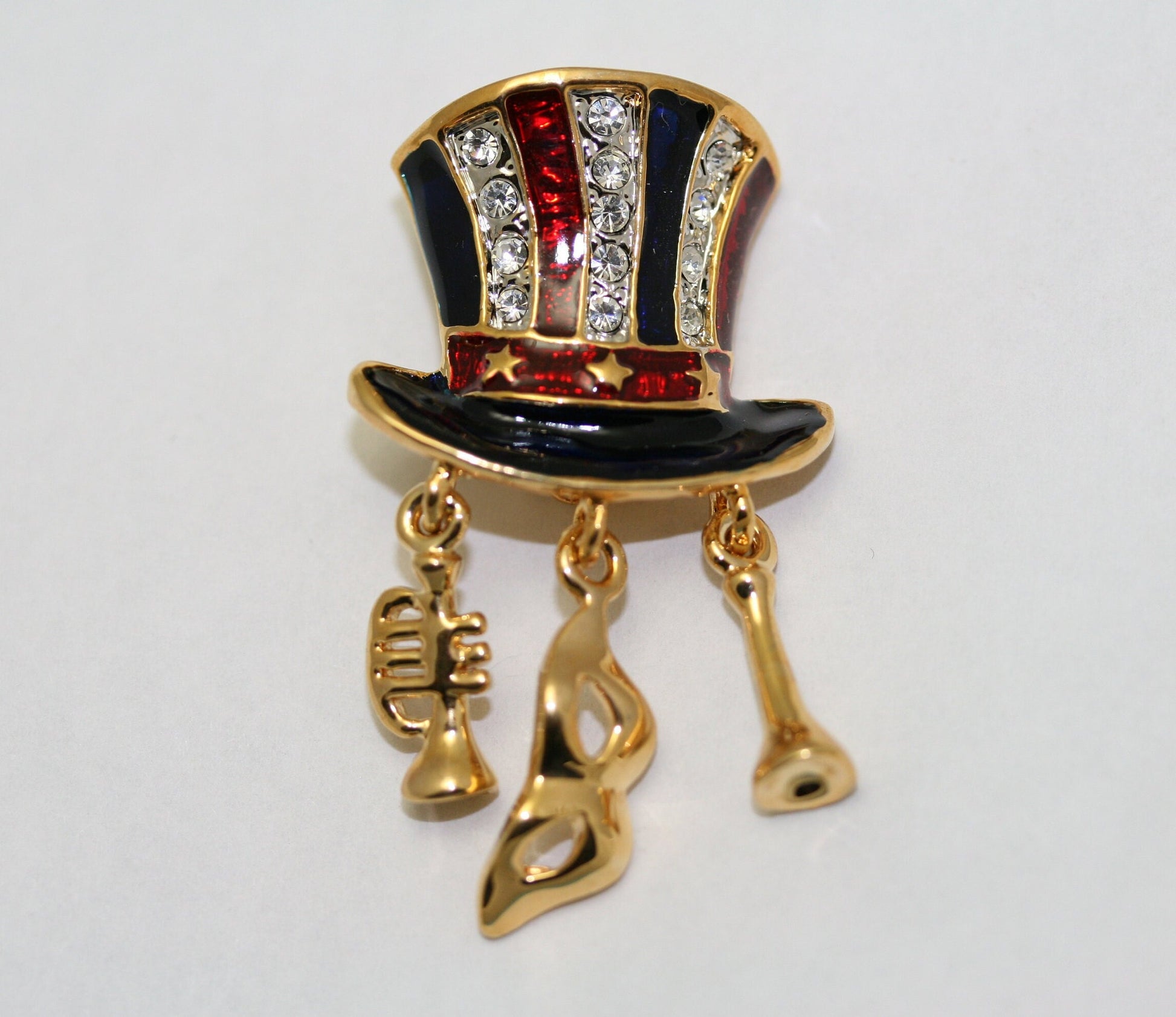 Patriotic Uncle Sam Top Hat Enamel & Rhinestone Gold-tone Lapel Hat Pin, USA Flag, 4th July Costume Brooch Jewelry