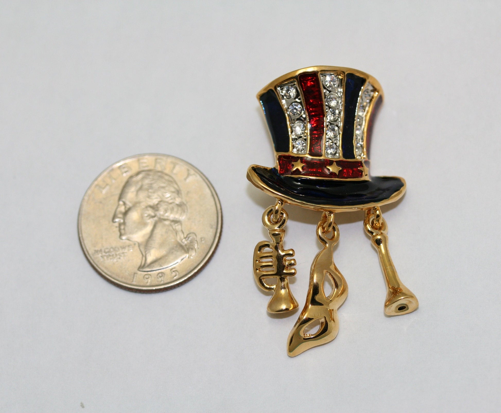 Patriotic Uncle Sam Top Hat Enamel & Rhinestone Gold-tone Lapel Hat Pin, USA Flag, 4th July Costume Brooch Jewelry