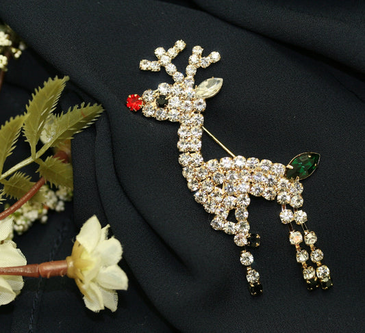 Rhinestone Rudolph Reindeer Christmas Pin Brooch, MOVABLE LEGS, Xmas Holiday Costume Jewelry Gift
