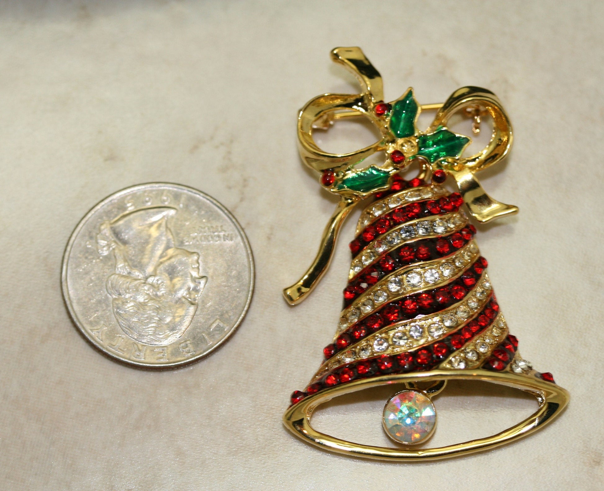 Vintage Dangling Heavily Mechanical Christmas Bell and Bow Pin, Rhinestone Xmas Bell Jewelry, Holiday Gift.