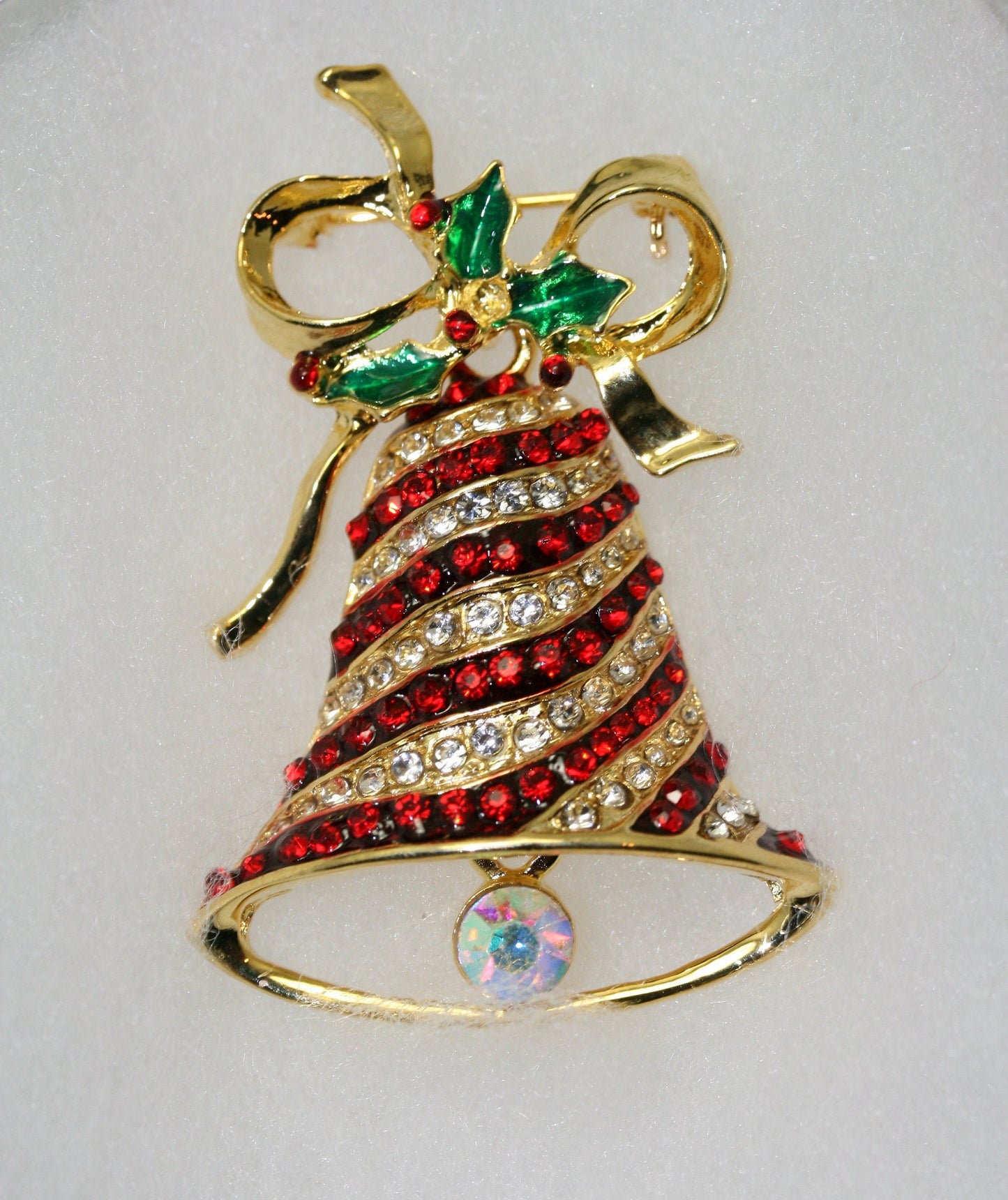 Vintage Dangling Heavily Mechanical Christmas Bell and Bow Pin, Rhinestone Xmas Bell Jewelry, Holiday Gift.