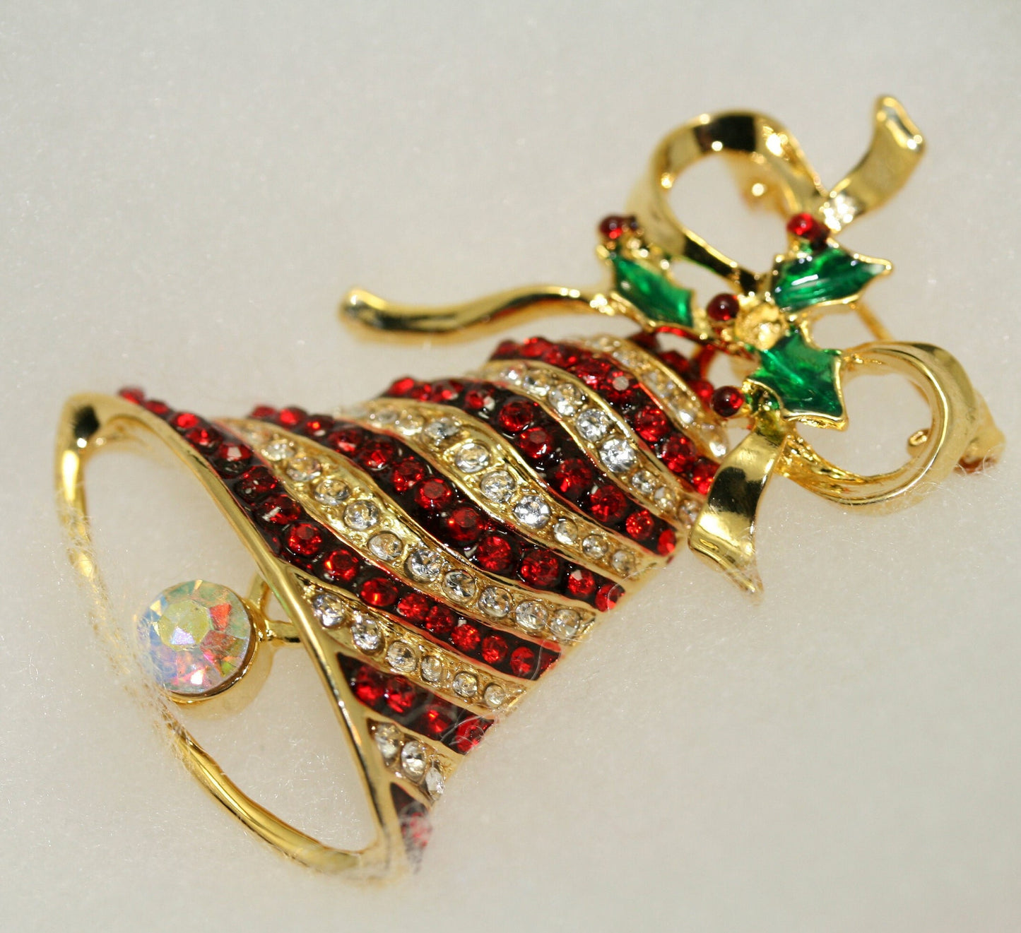 Vintage Dangling Heavily Mechanical Christmas Bell and Bow Pin, Rhinestone Xmas Bell Jewelry, Holiday Gift.