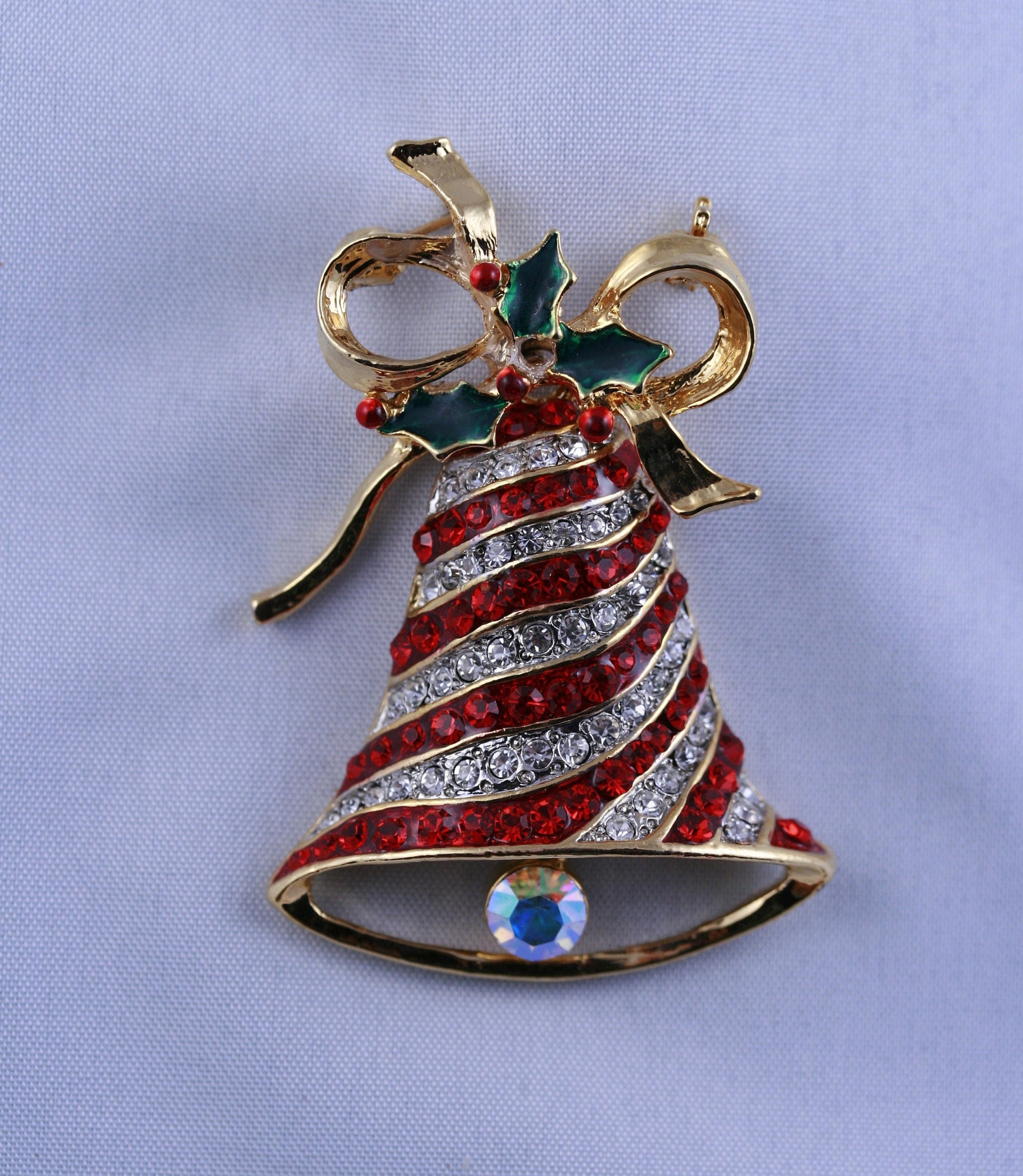 Vintage Dangling Heavily Mechanical Christmas Bell and Bow Pin, Rhinestone Xmas Bell Jewelry, Holiday Gift.