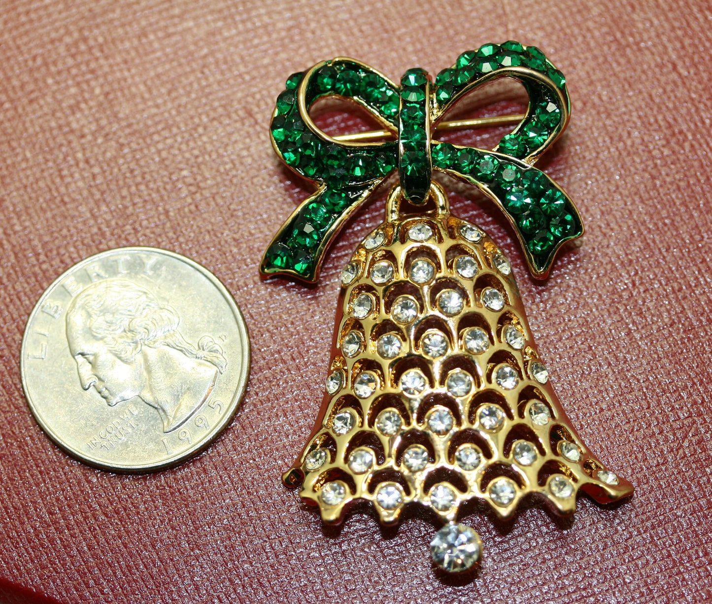 Vintage Rhinestone Christmas Bell Ribbon Pin Brooch, Gold-Plated Xmas Holiday Jewelry Gift