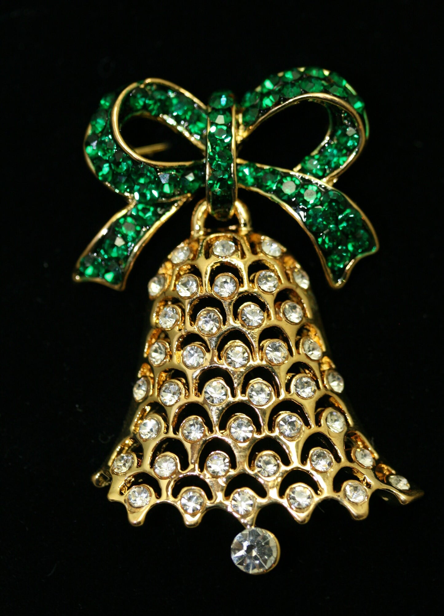 Vintage Rhinestone Christmas Bell Ribbon Pin Brooch, Gold-Plated Xmas Holiday Jewelry Gift