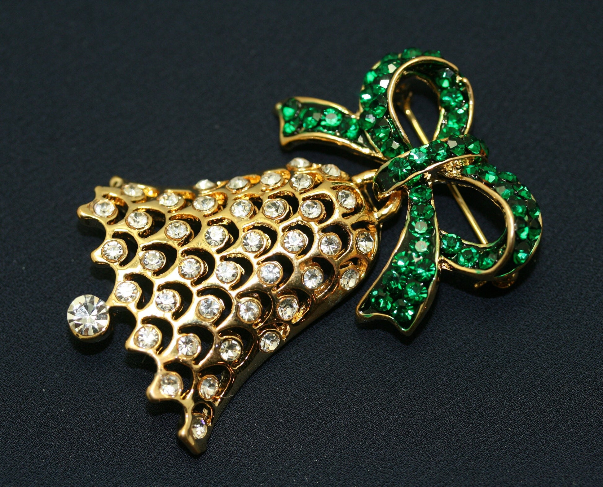 Vintage Rhinestone Christmas Bell Ribbon Pin Brooch, Gold-Plated Xmas Holiday Jewelry Gift