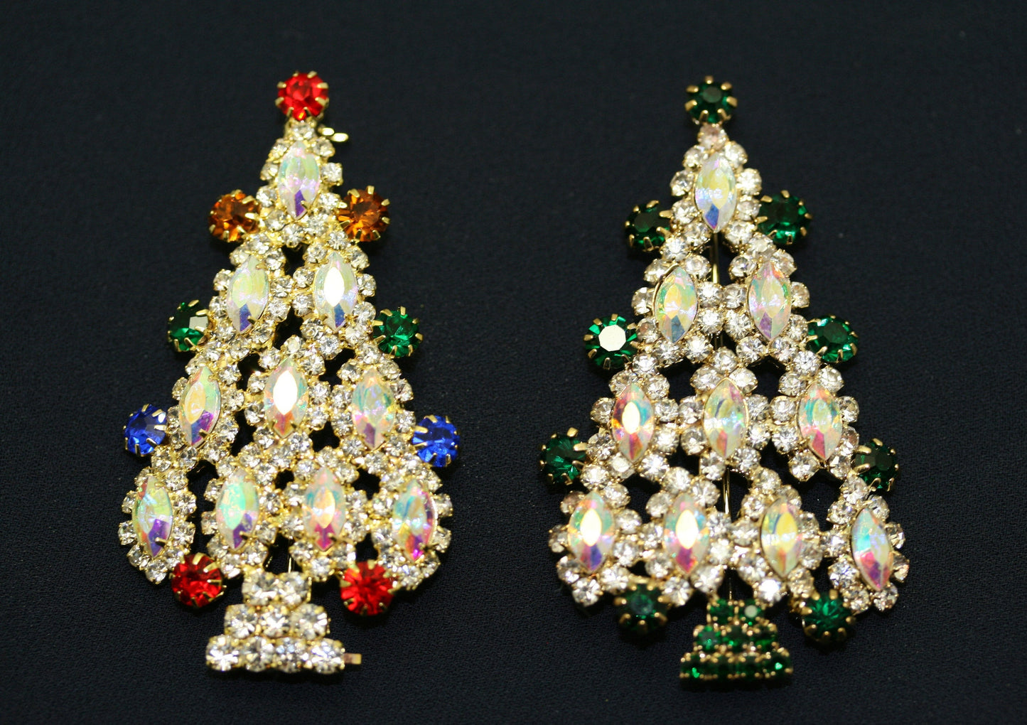 Multi Tiered Aurora Borealis Marquise Rhinestone Christmas Tree Brooch Pin, Xmas Holiday Jewelry Gift