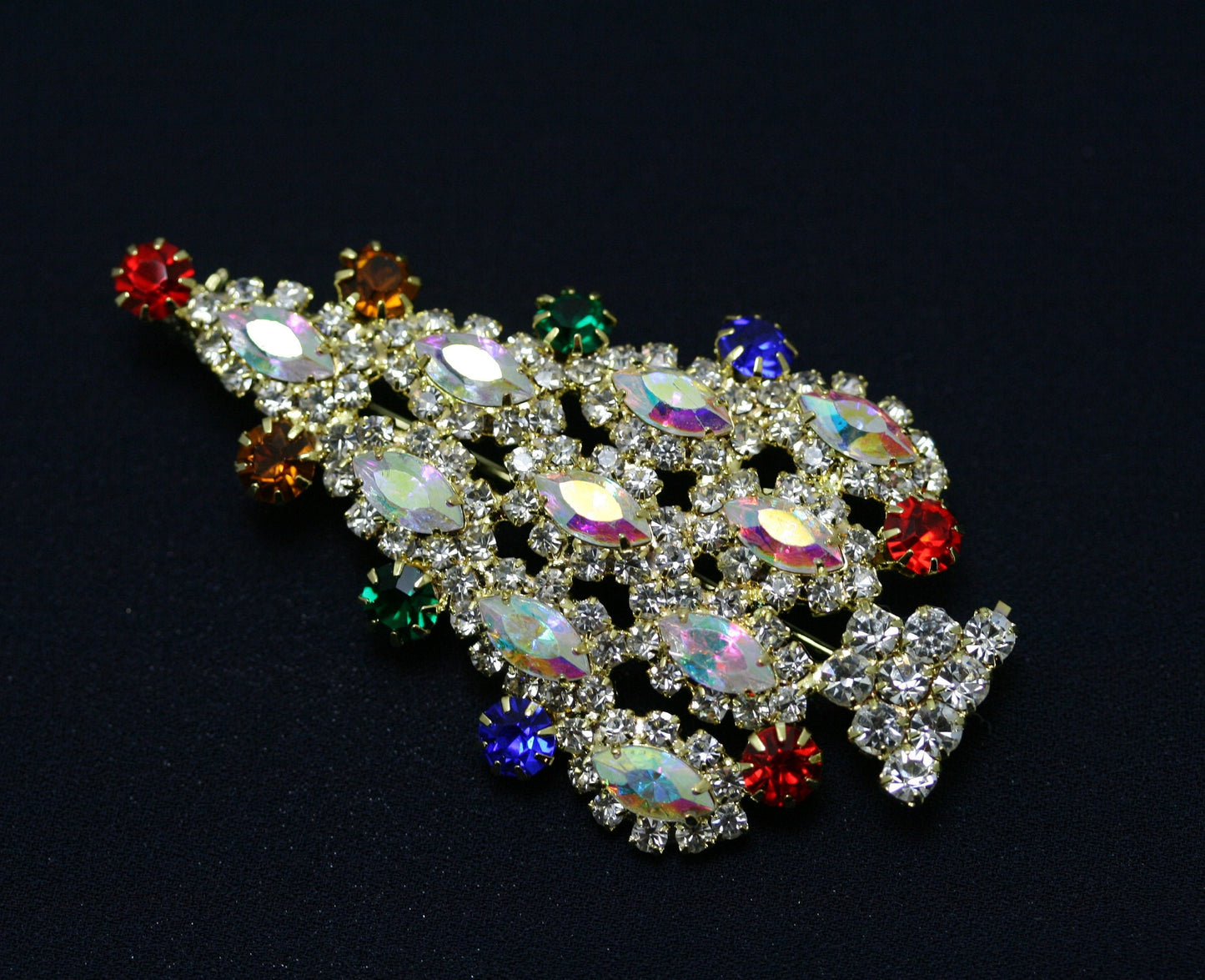 Multi Tiered Aurora Borealis Marquise Rhinestone Christmas Tree Brooch Pin, Xmas Holiday Jewelry Gift