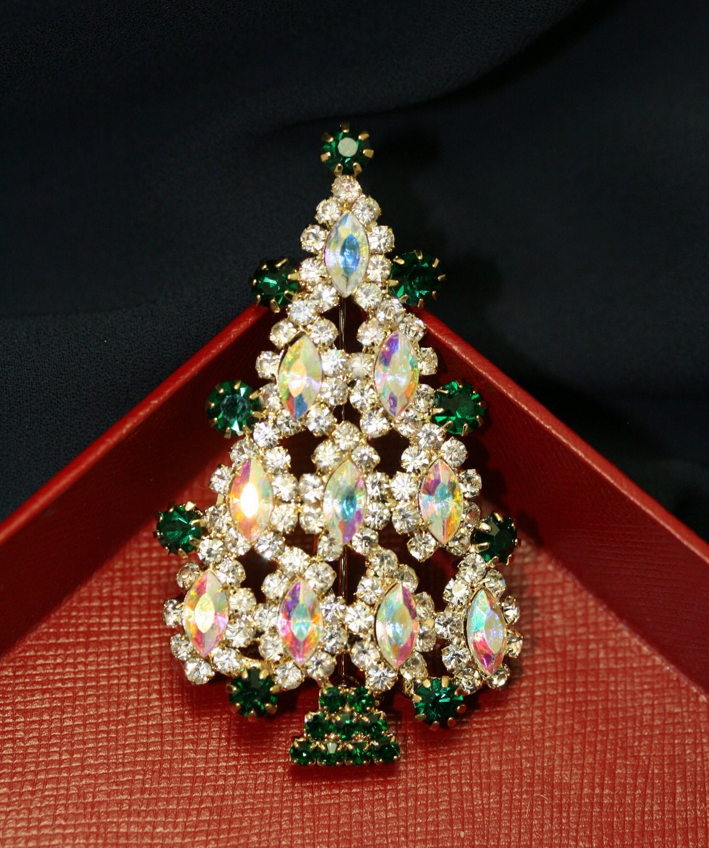 Multi Tiered Aurora Borealis Marquise Rhinestone Christmas Tree Brooch Pin, Xmas Holiday Jewelry Gift