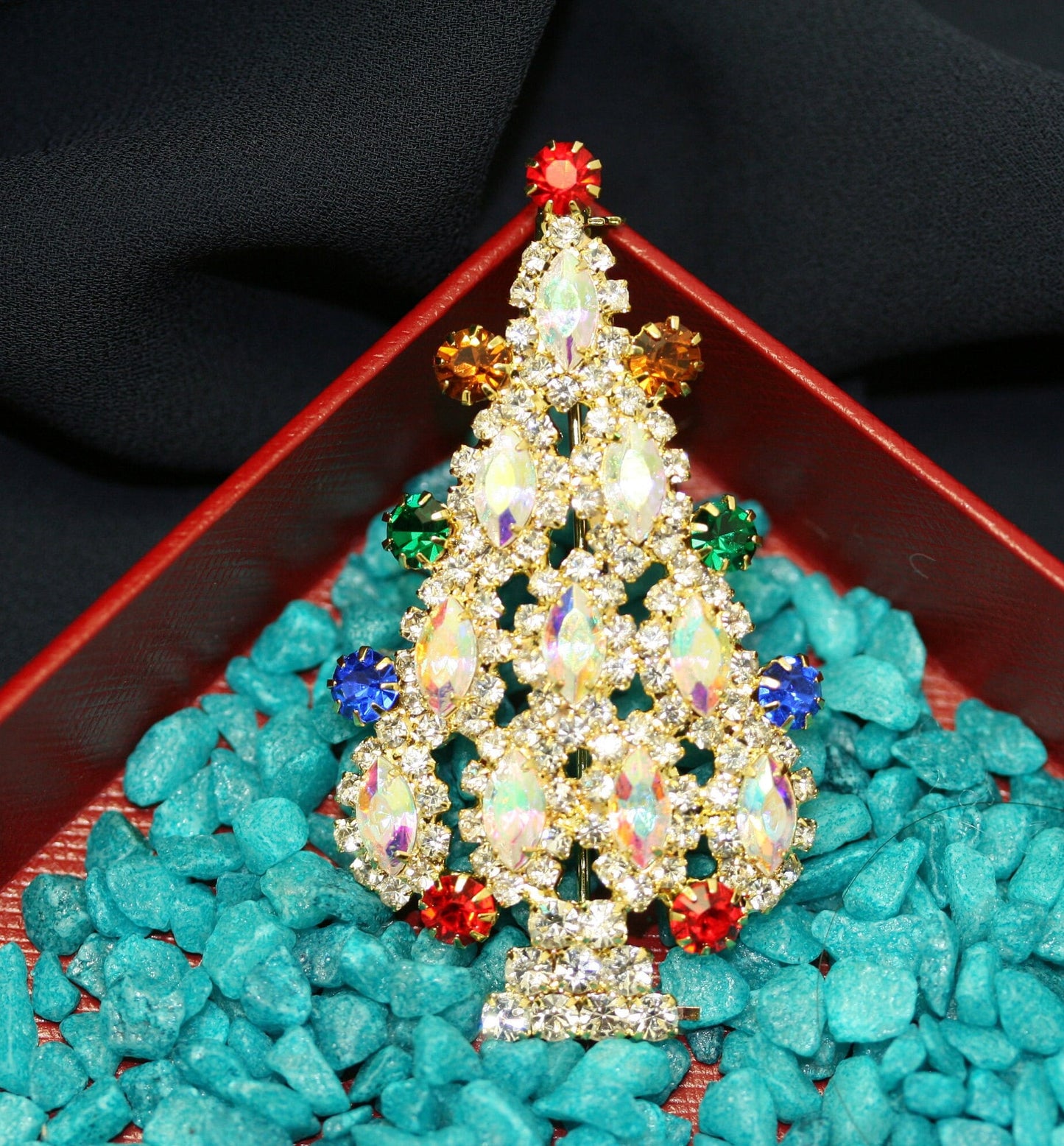 Multi Tiered Aurora Borealis Marquise Rhinestone Christmas Tree Brooch Pin, Xmas Holiday Jewelry Gift