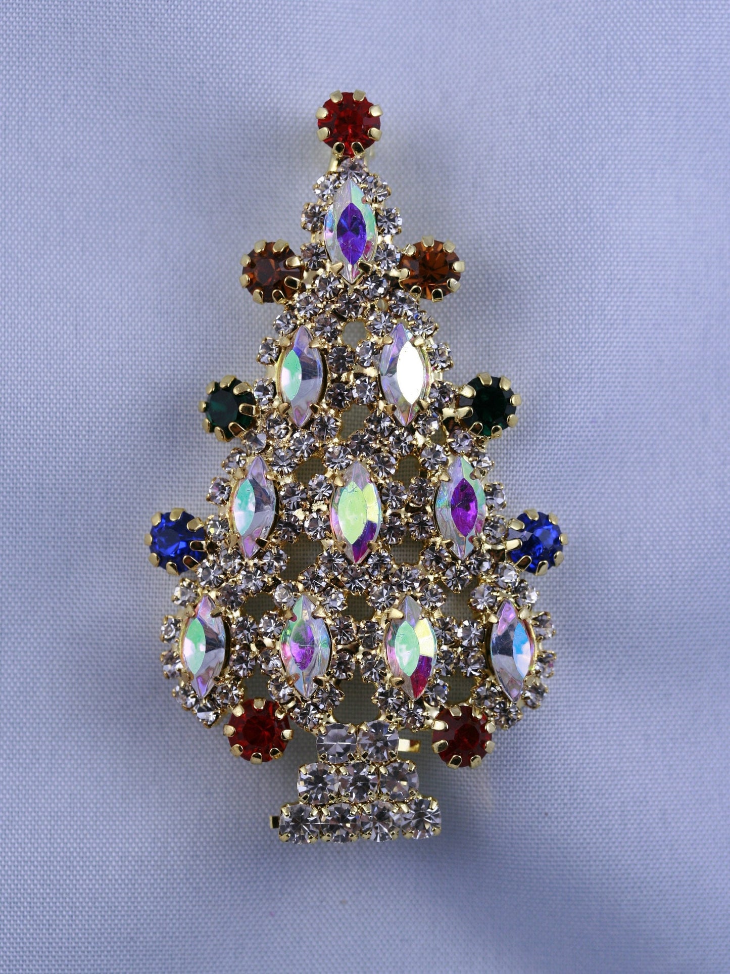 Multi Tiered Aurora Borealis Marquise Rhinestone Christmas Tree Brooch Pin, Xmas Holiday Jewelry Gift
